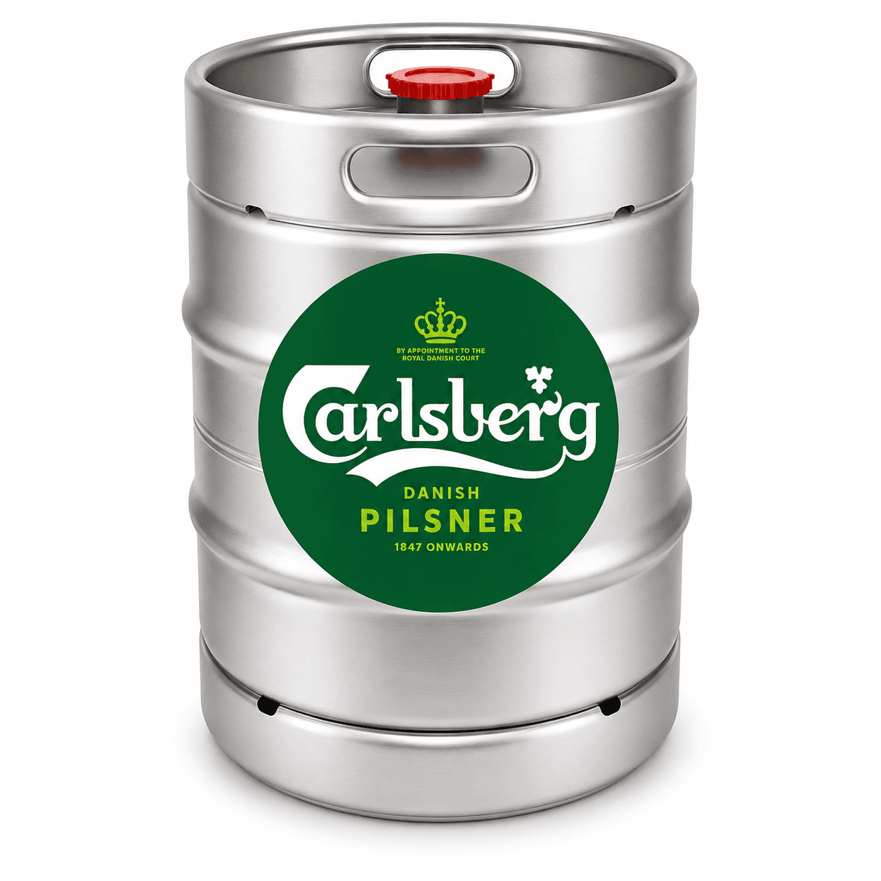A stainless steel beer keg with a green circular Carlsberg label featuring the brand name, royal warrant, and Danish Pilsner text, topped with a red tap valve.