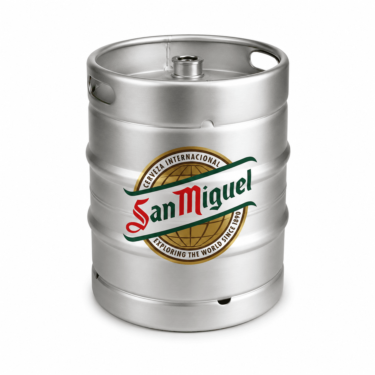 A stainless steel beer keg with San Miguel Cerveza Internacional branding and logo displayed on a white background