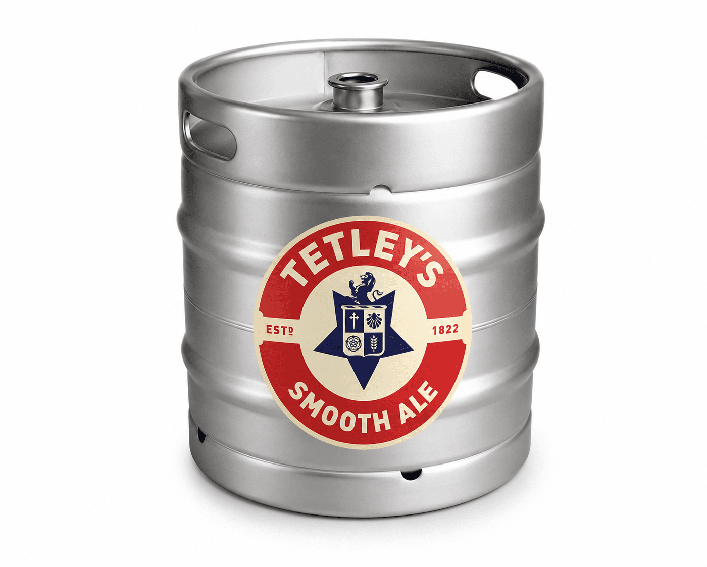 A silver metal keg with a red and cream circular label reading Tetley's Smooth Ale, established 1822, featuring a blue heraldic crest in the centre
