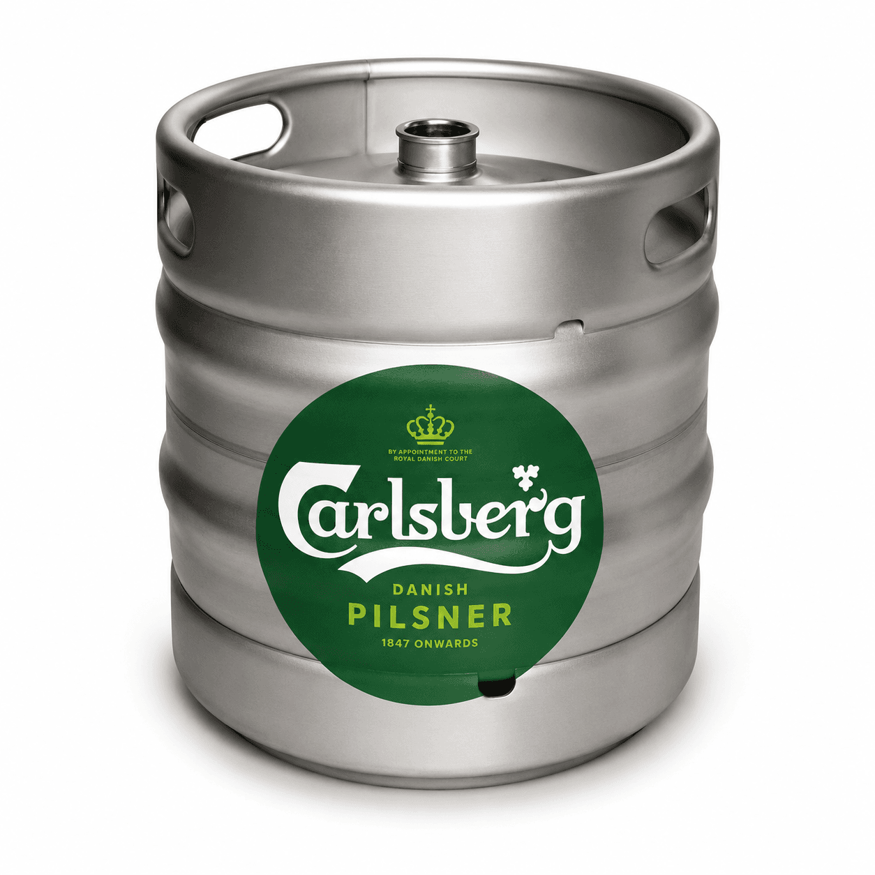 Silver stainless steel beer keg with green Carlsberg Danish Pilsner label featuring royal crown emblem on white background