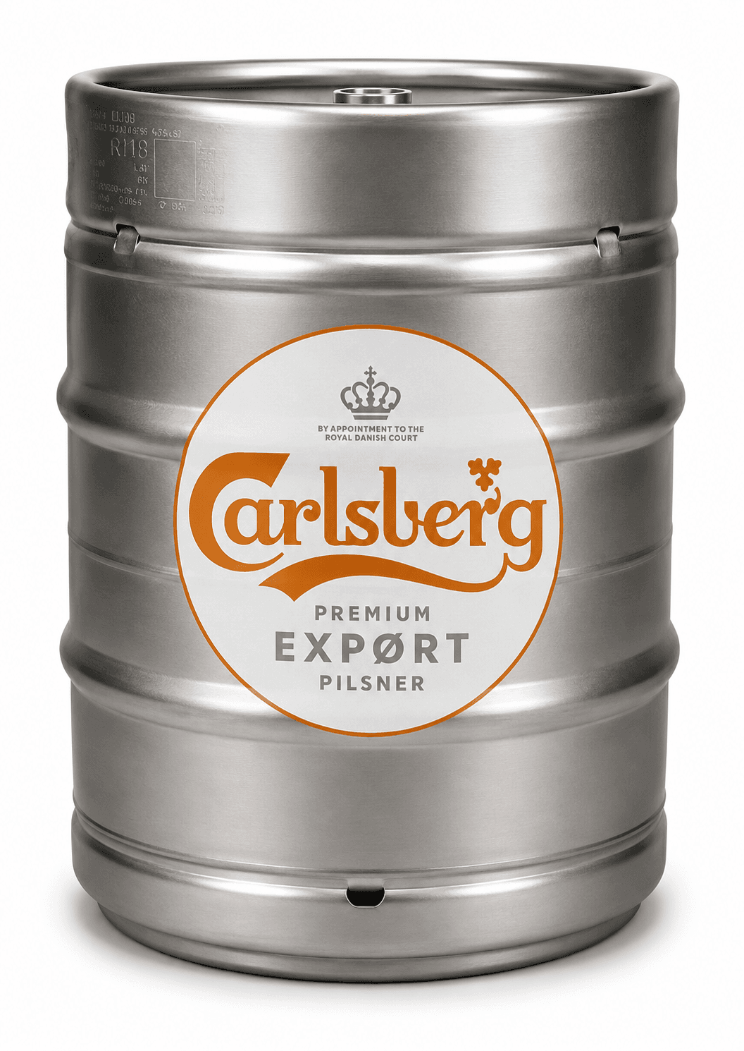 Stainless steel beer keg with Carlsberg Premium Export Pilsner label featuring orange and white branding on a plain white background