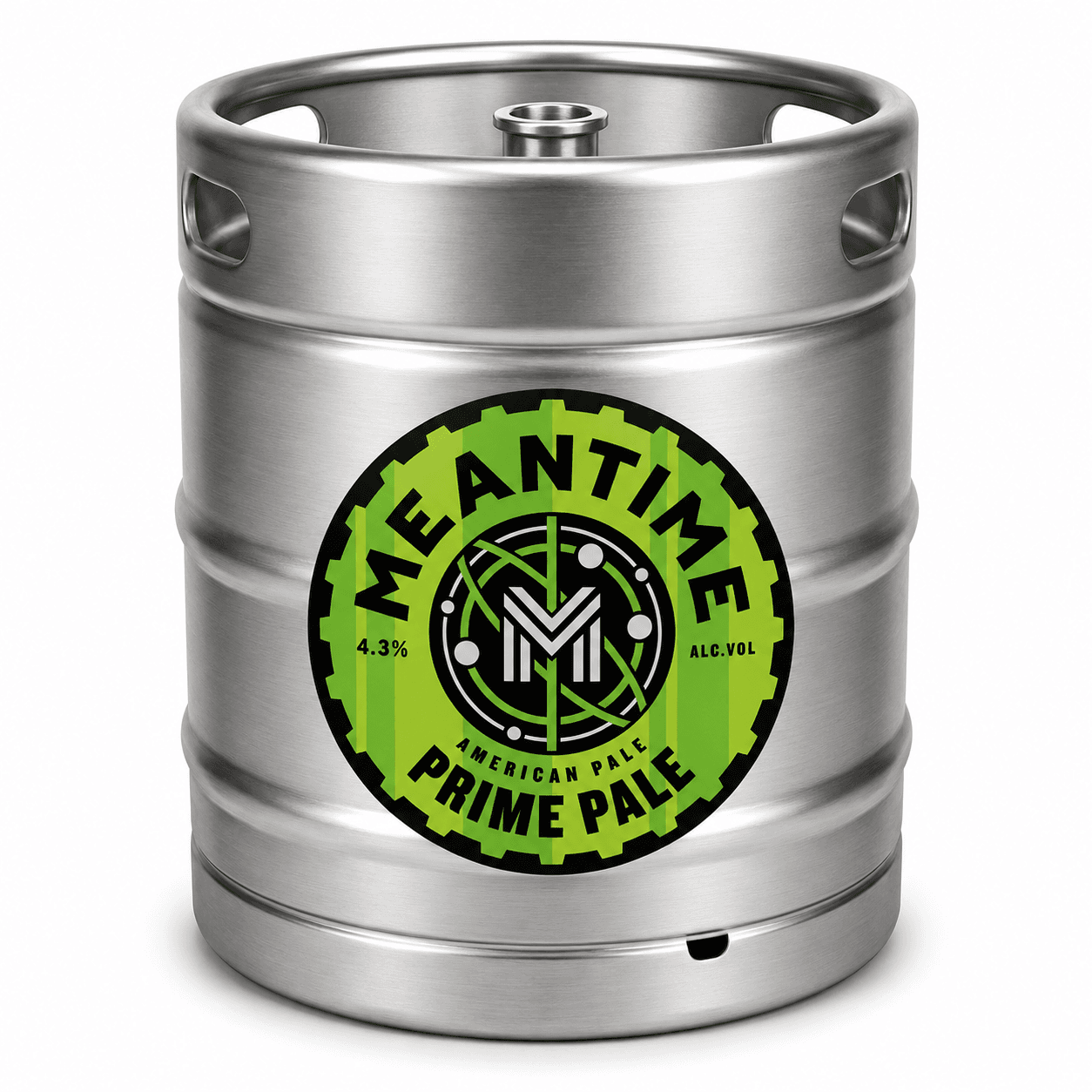 Stainless steel beer keg with green circular label showing Mellantime Prime Pale branding and 4.3% alcohol volume