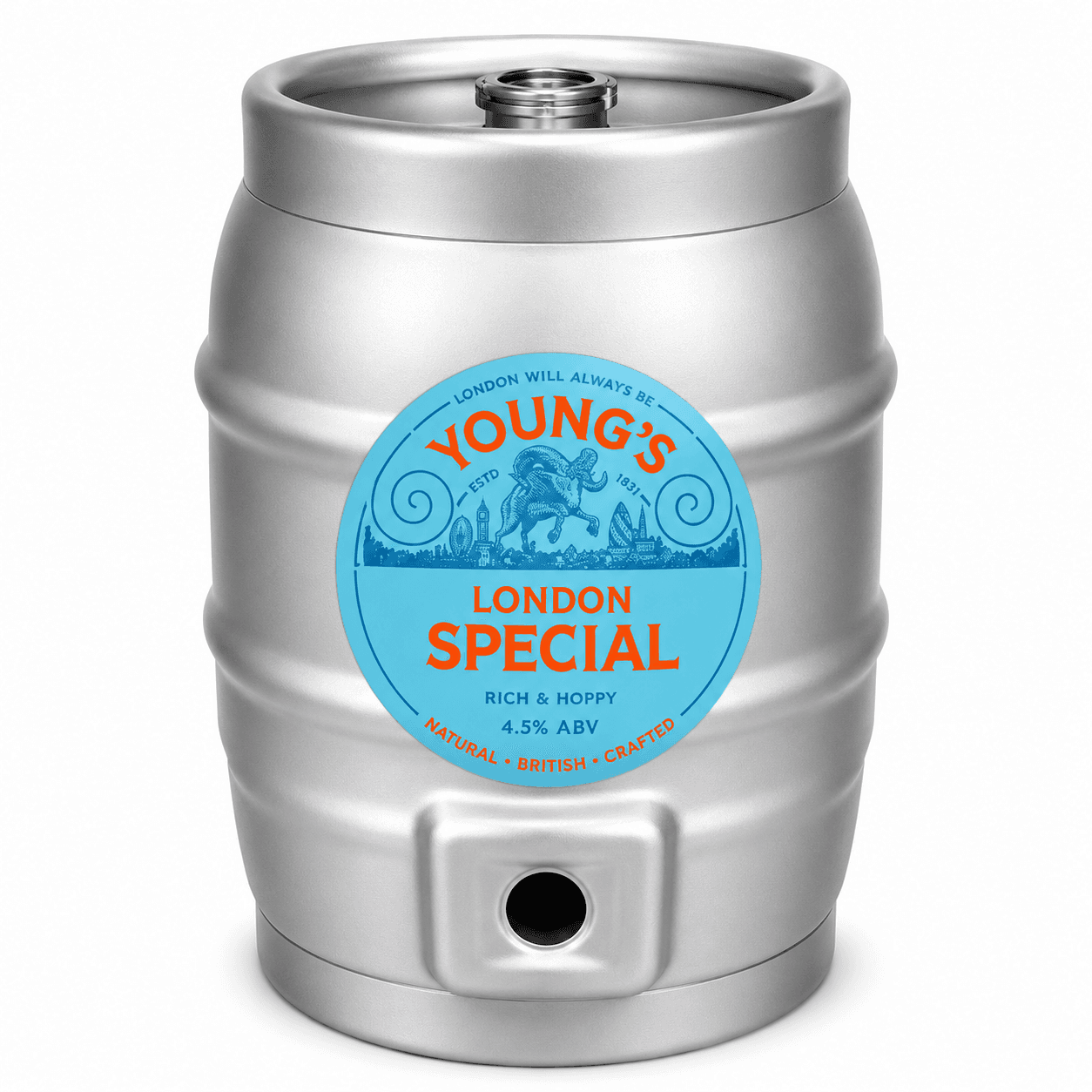 Silver metal beer keg with blue and orange Young's London Special label showing 4.5% ABV, Rich & Hoppy, Natural British Crafted beer