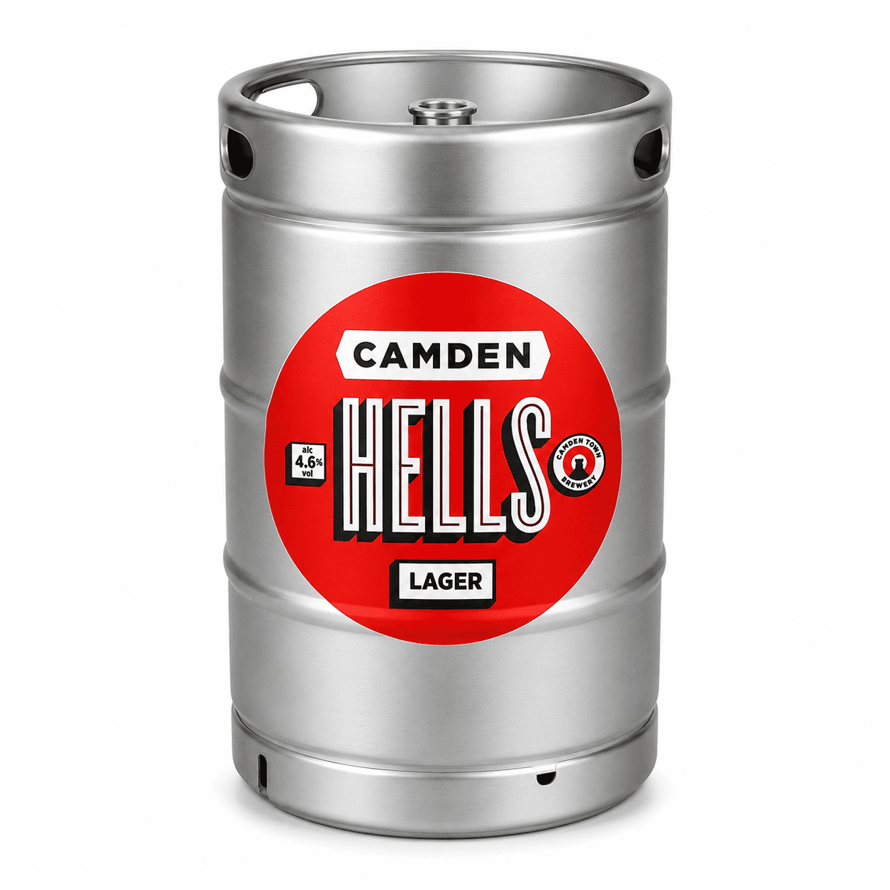 A silver metal beer keg with a red circular label reading 'Camden Hells Lager' and 4.6% alcohol by volume marking, shown against a white background.