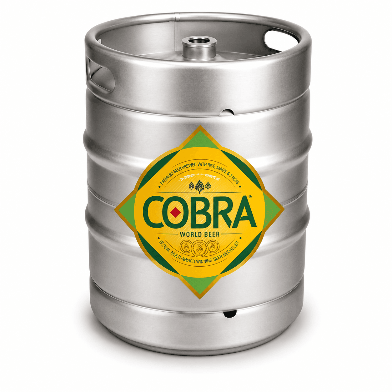 Stainless steel beer keg with yellow and green Cobra World Beer diamond-shaped label on white background
