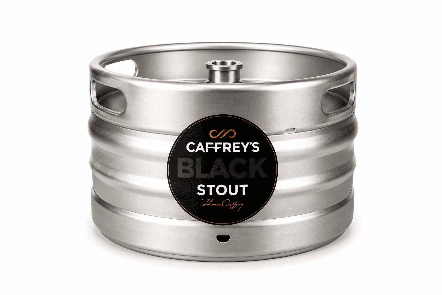 A stainless steel beer keg with a black circular label reading Caffrey's Black Stout by Thomas Caffrey, displayed against a white background.