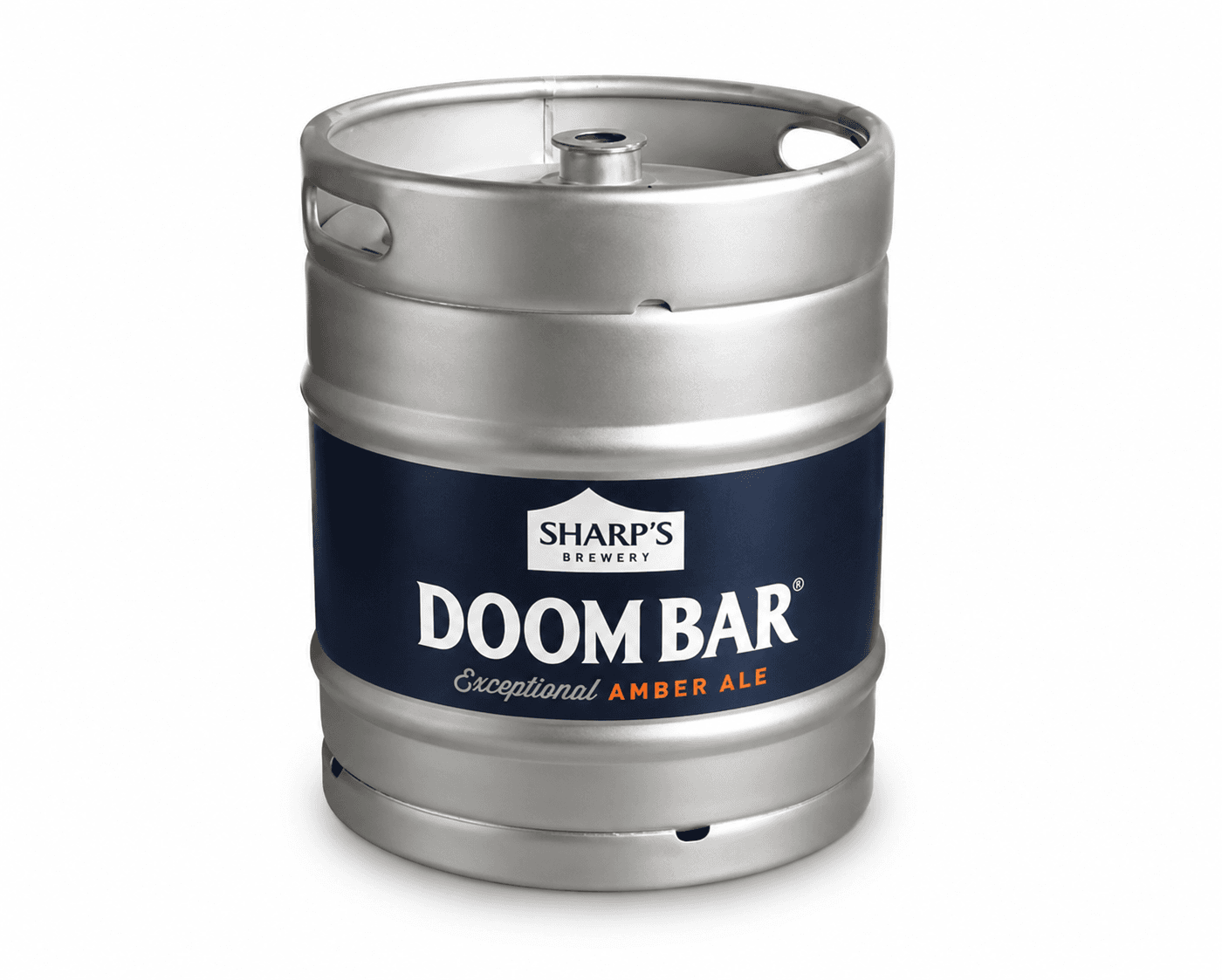 A stainless steel keg of Sharp's Doom Bar Exceptional Amber Ale with navy blue label on a white background.