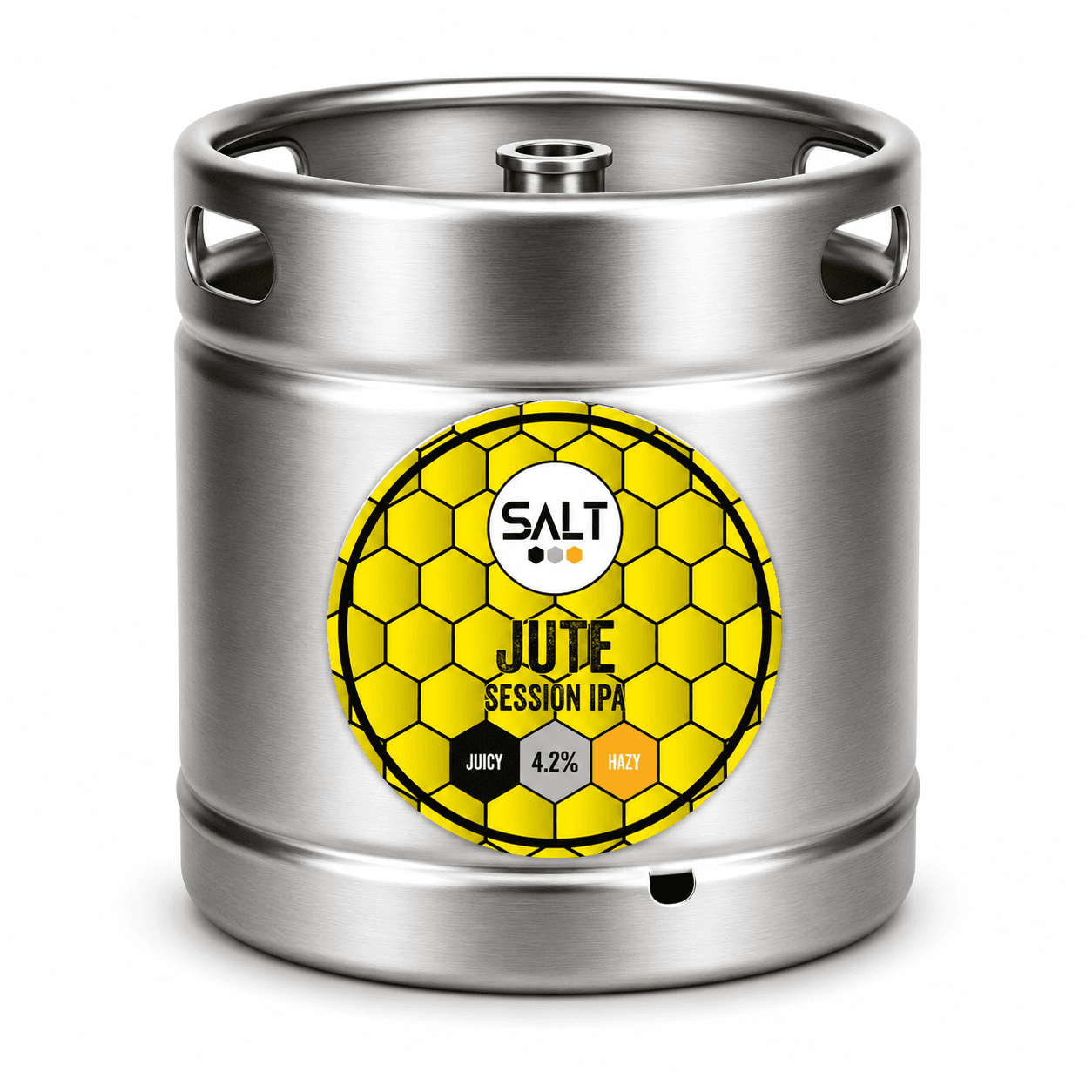 Stainless steel beer keg featuring a yellow honeycomb-patterned label for Salt Brewery's Jute Session IPA, 4.2% alcohol by volume, with juicy and hazy characteristics.