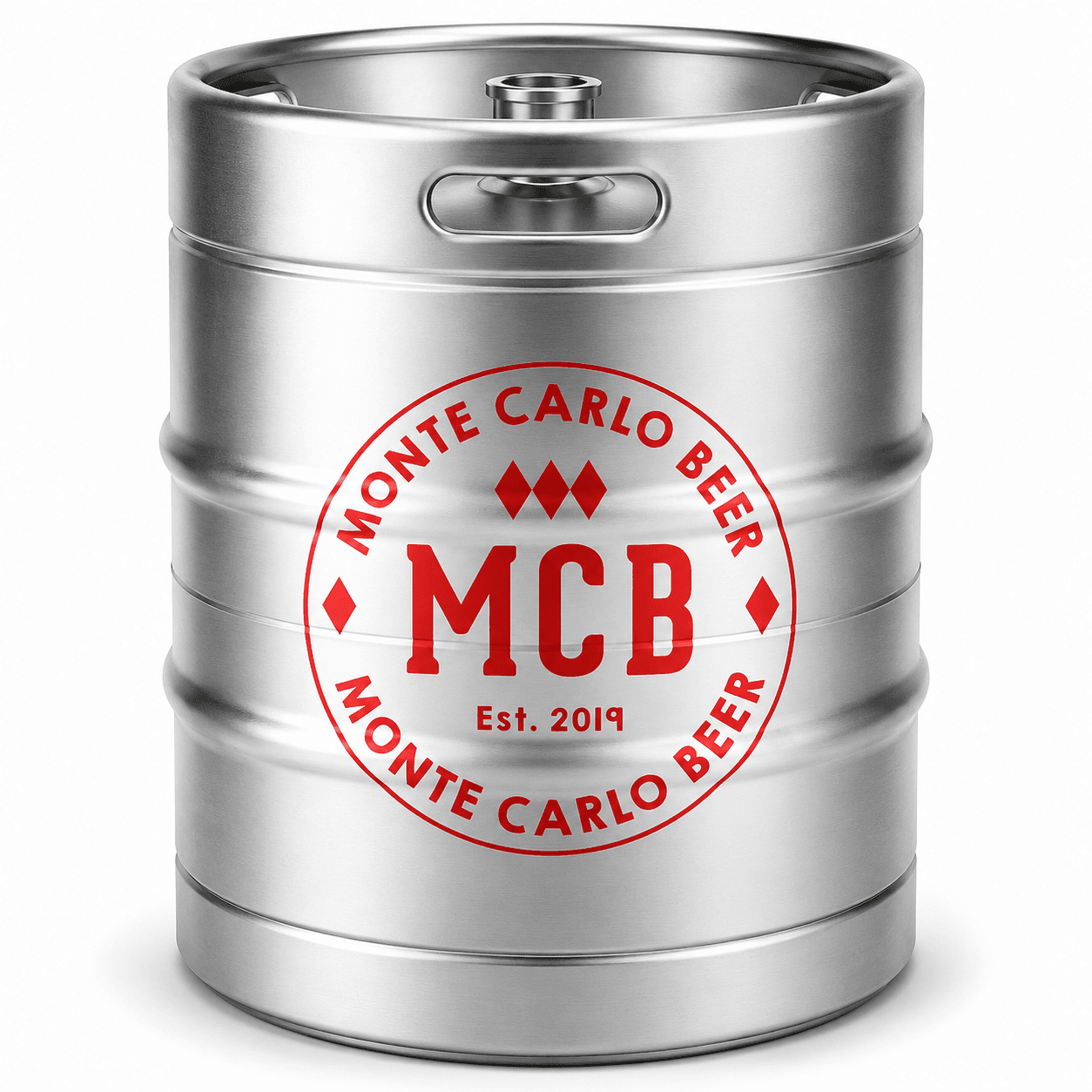 A stainless steel beer keg with a red circular Monte Carlo Beer logo and branding featuring MCB initials, established 2019.