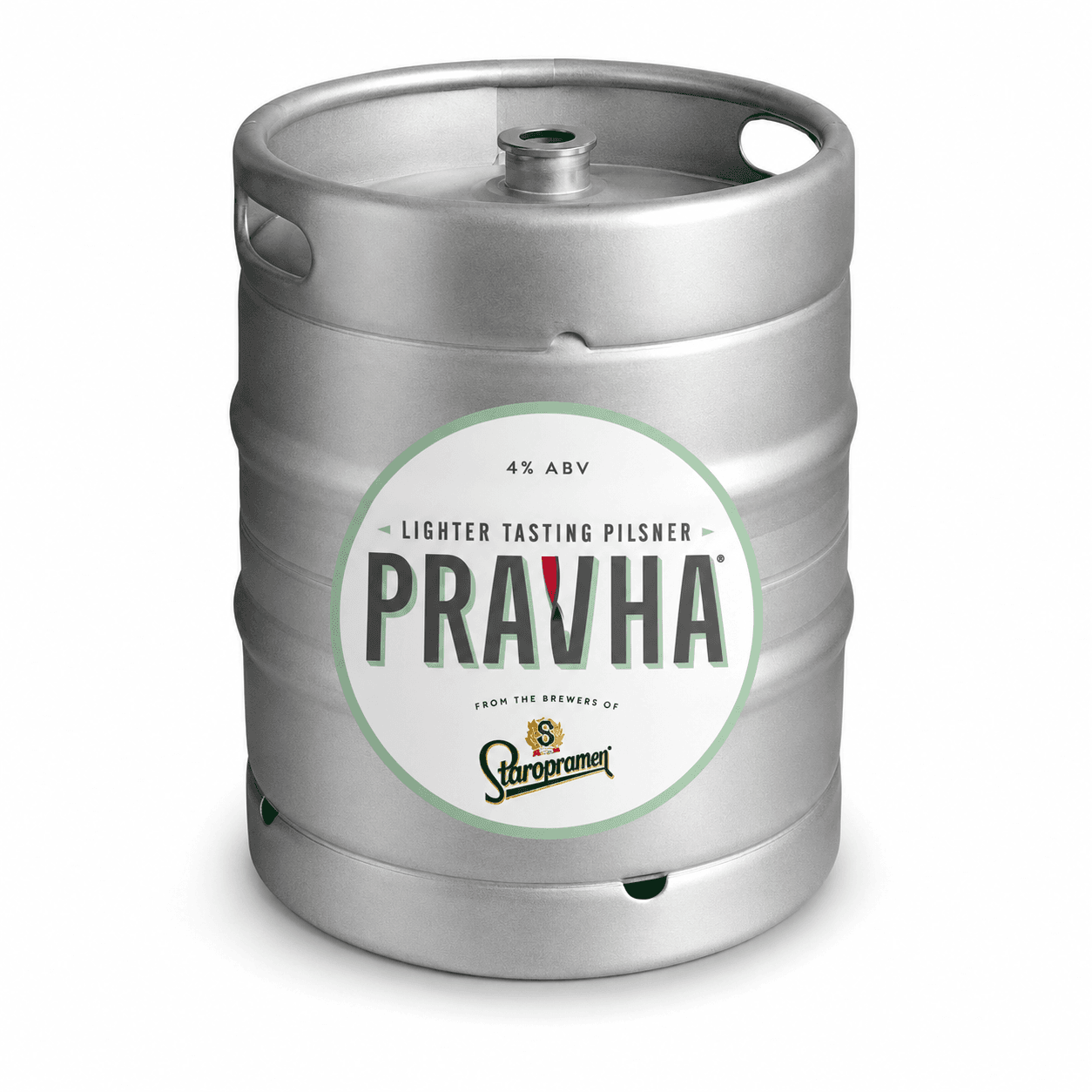 A silver metal beer keg with a green and white circular label for Pravha lighter tasting pilsner, 4% ABV, from Staropramen brewers.
