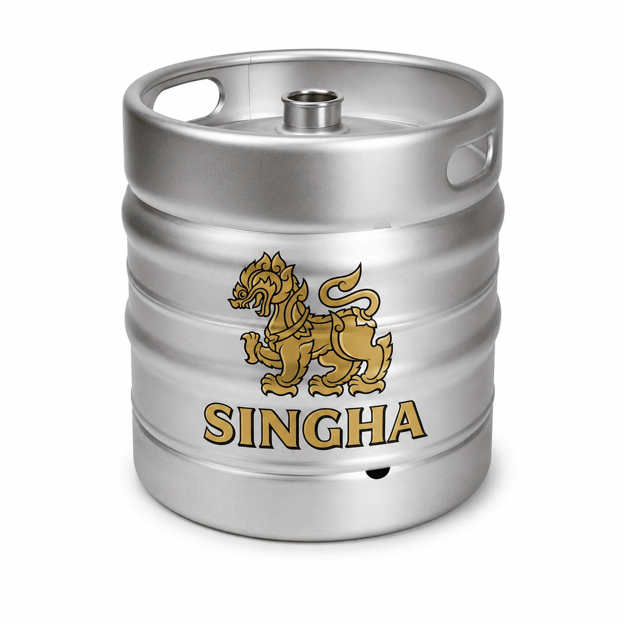 A stainless steel beer keg with gold Singha lion logo and branding on white background