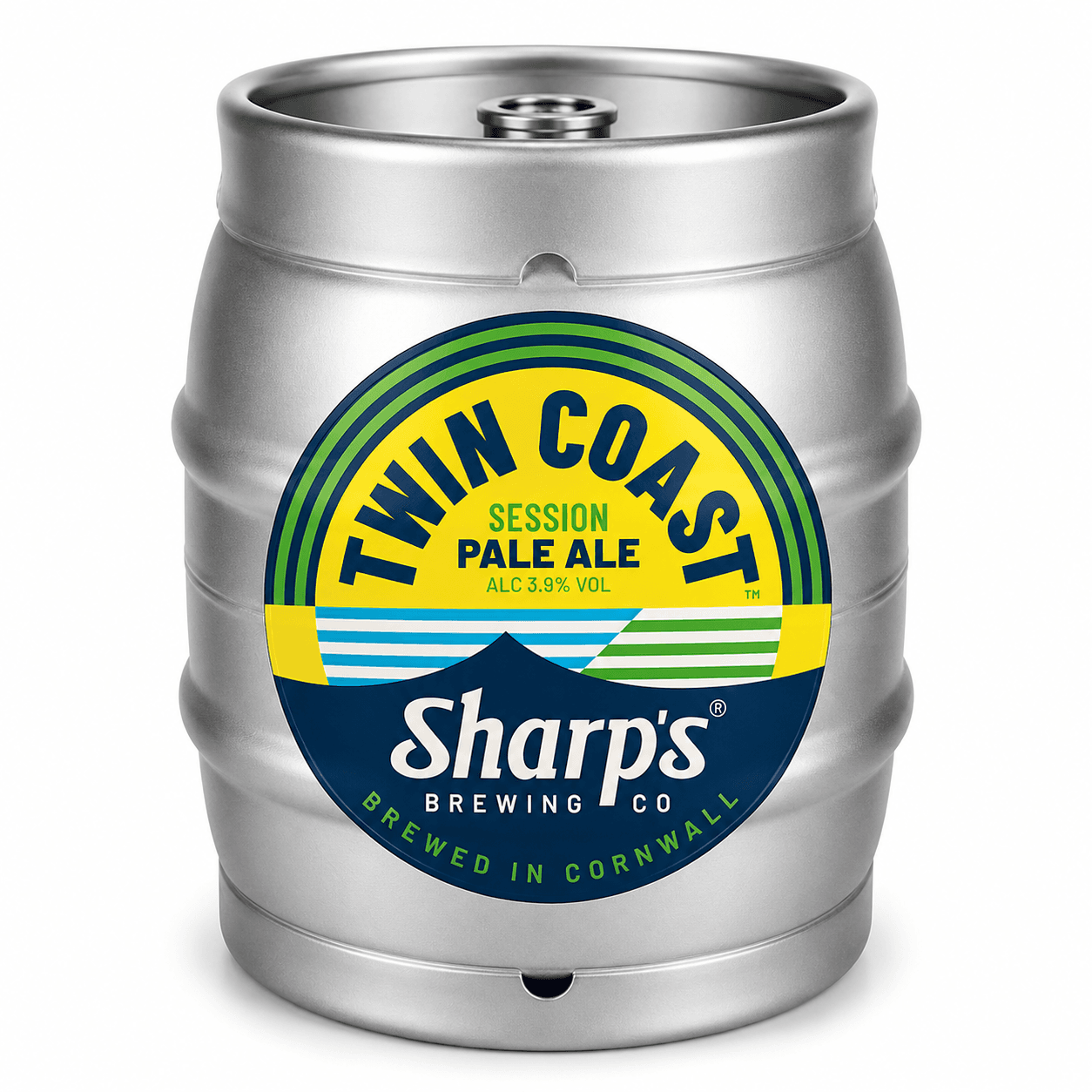 Silver metal keg with yellow and navy Twain Coast Session Pale Ale label from Sharps Brewing Co, brewed in Cornwall, 3.9% ABV