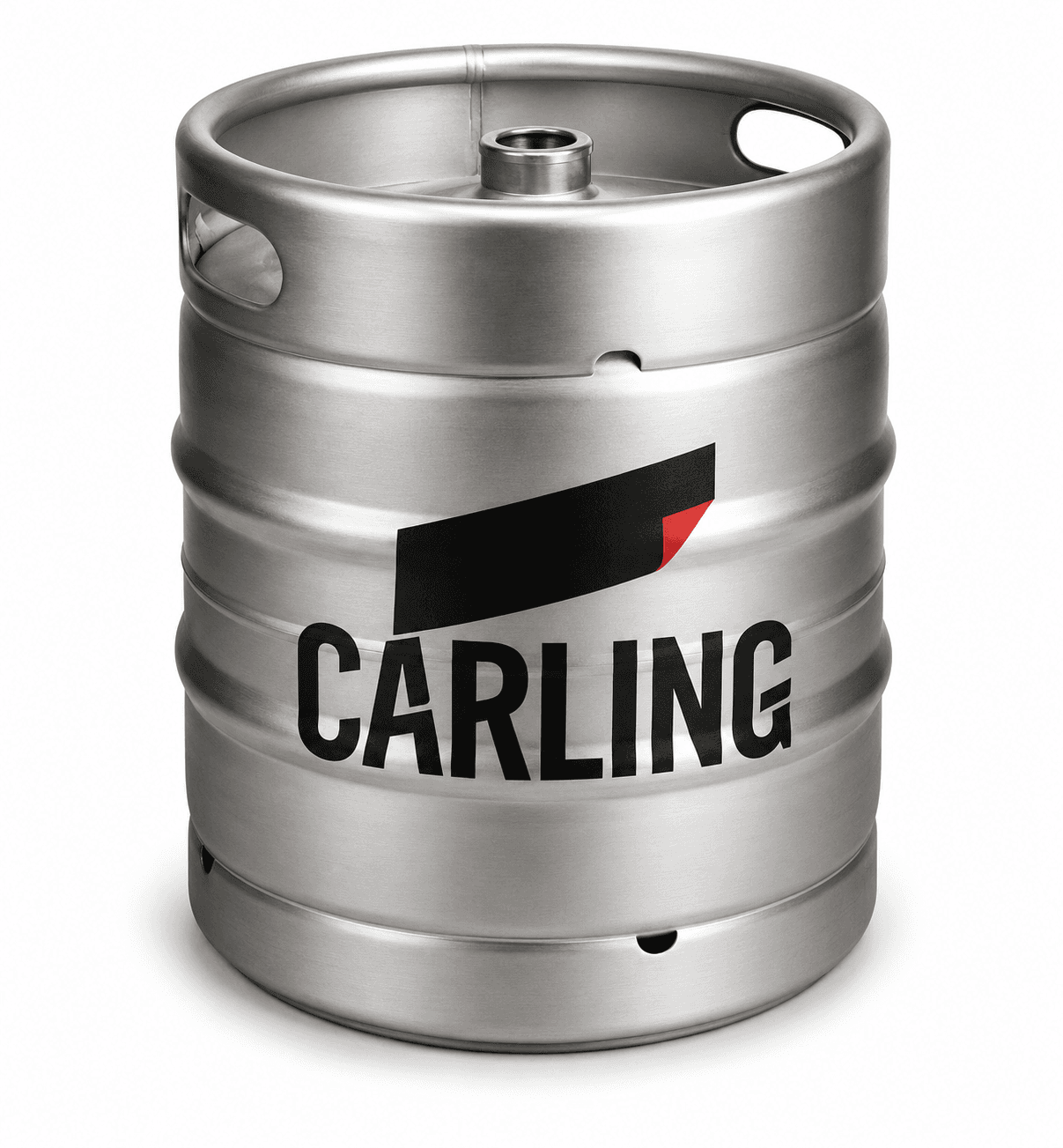 Stainless steel beer keg with Carling branding and logo on white background