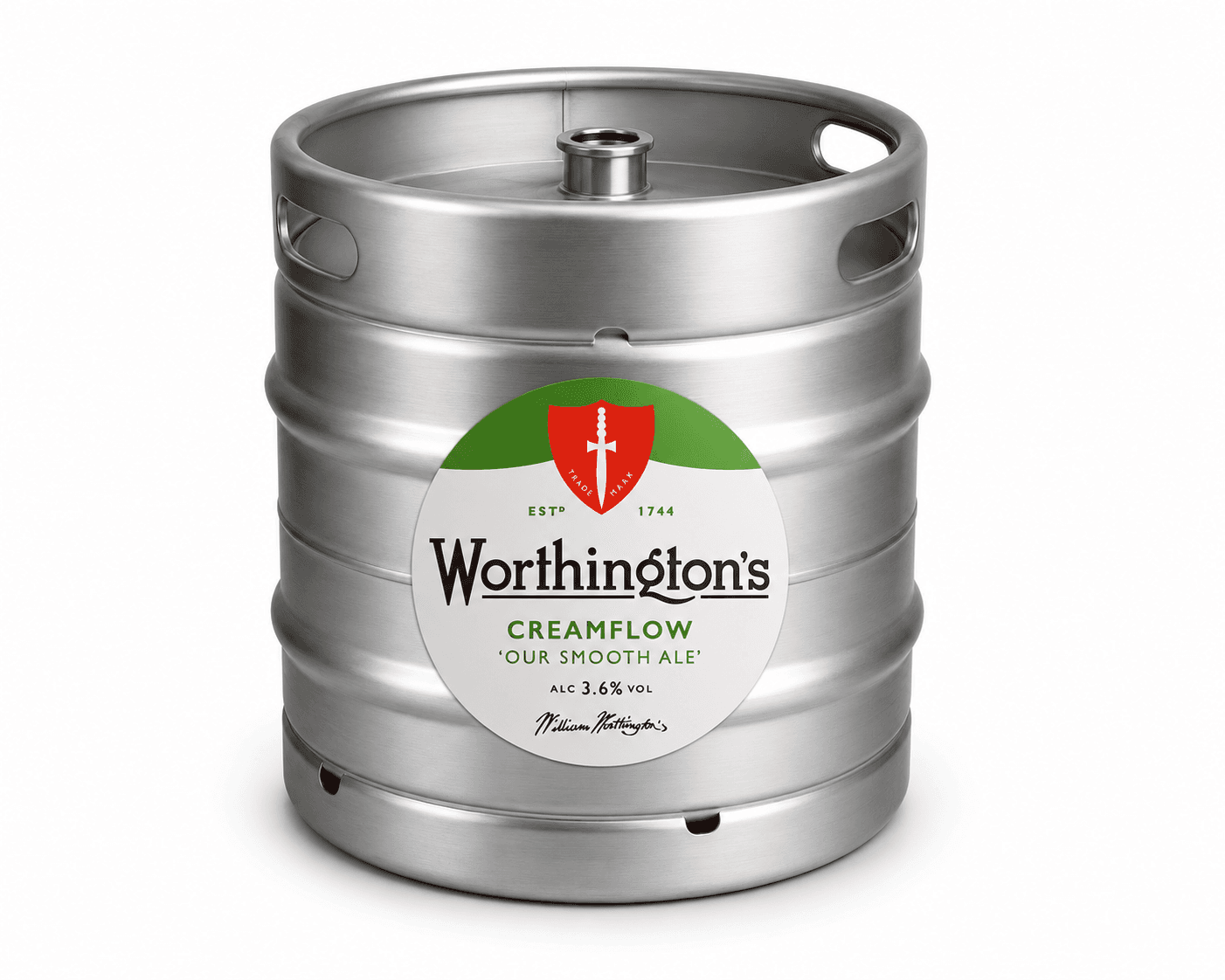 A stainless steel beer keg with a Worthington's Creamflow label featuring a red shield emblem and green branding on a white background.