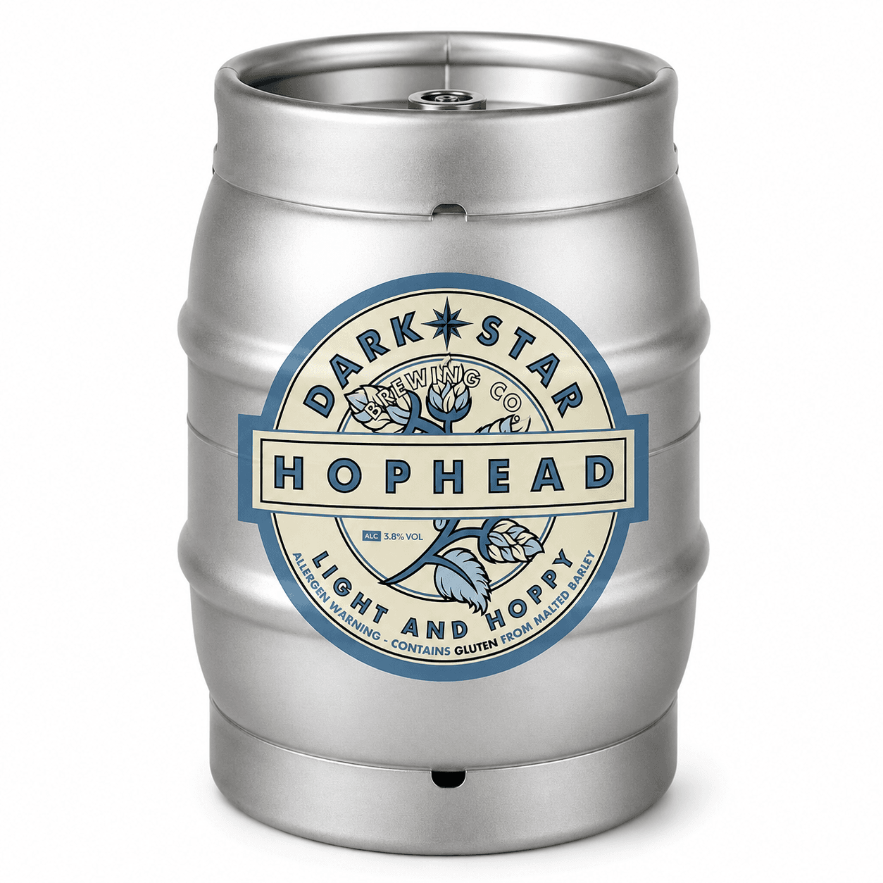 Silver metal keg of Darkstar Hophead ale with blue and cream label featuring hop imagery, 3.8% ABV