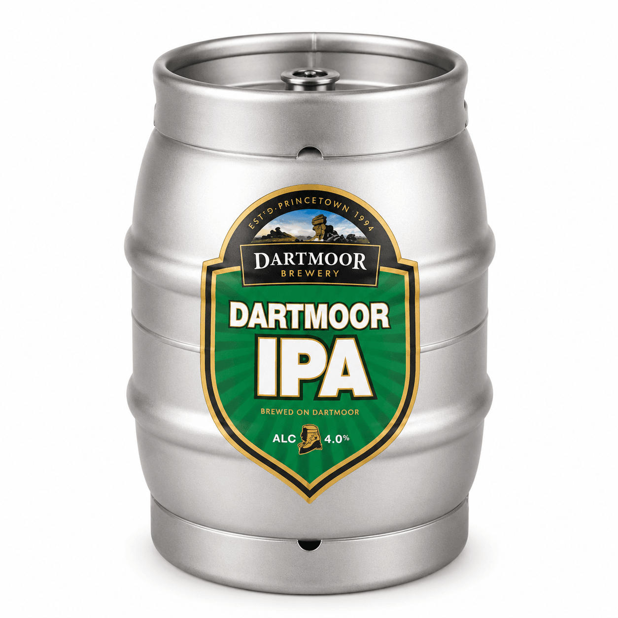 A stainless steel beer keg with a green and gold Dartmoor IPA brewery label, showing 4.0% alcohol content, isolated on a white background.