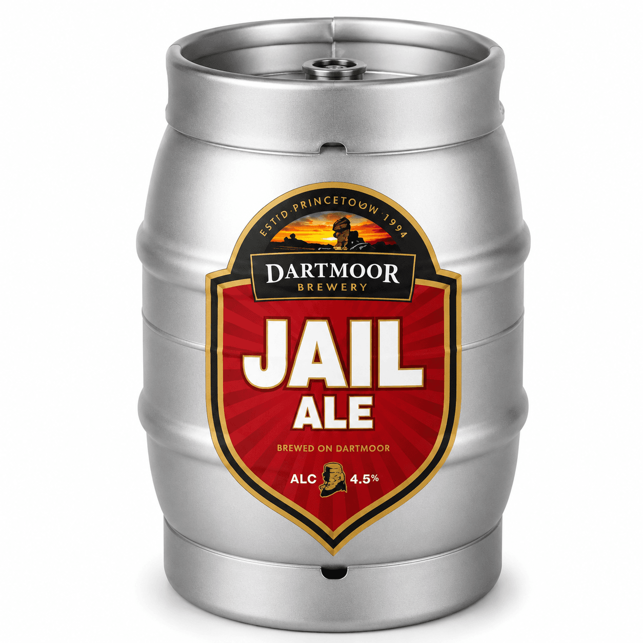 Silver aluminium keg with red shield-shaped label for Dartmoor Jail Ale brewery beer