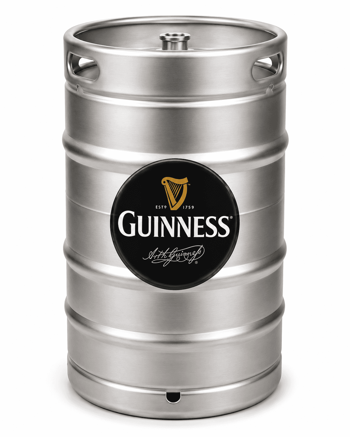 A stainless steel Guinness beer keg with black circular label featuring the golden harp logo and Guinness branding, isolated on a white background.
