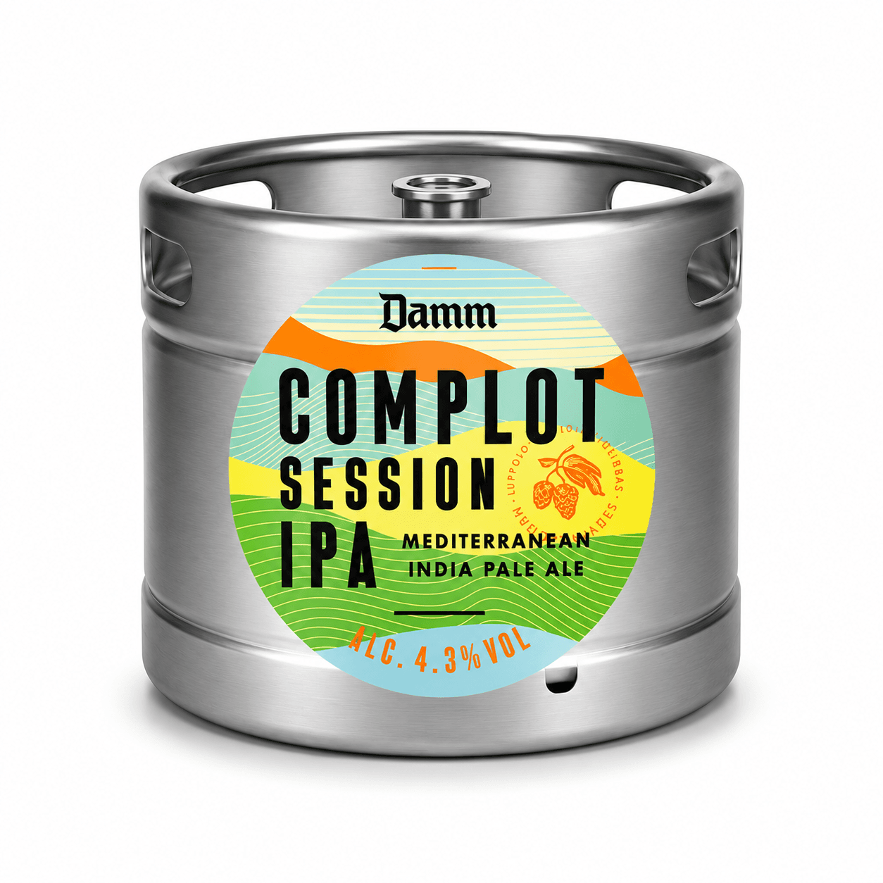 Stainless steel beer keg featuring a circular label for Damm Complot Session IPA Mediterranean India Pale Ale, 4.3% volume, against a white background.
