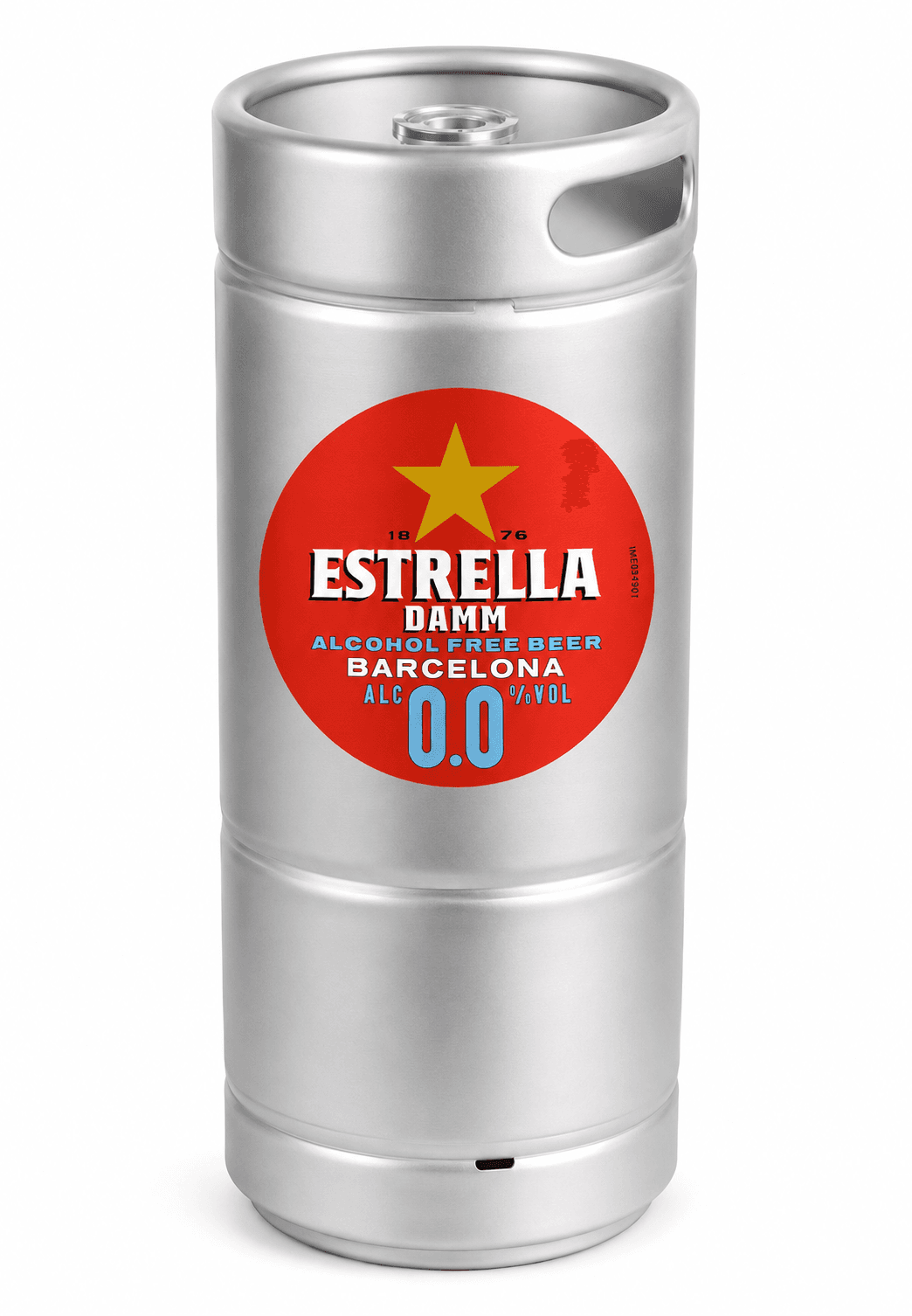 Silver metal beer keg with red circular label featuring Estrella Damm branding, gold star, and 0.0% alcohol content marking