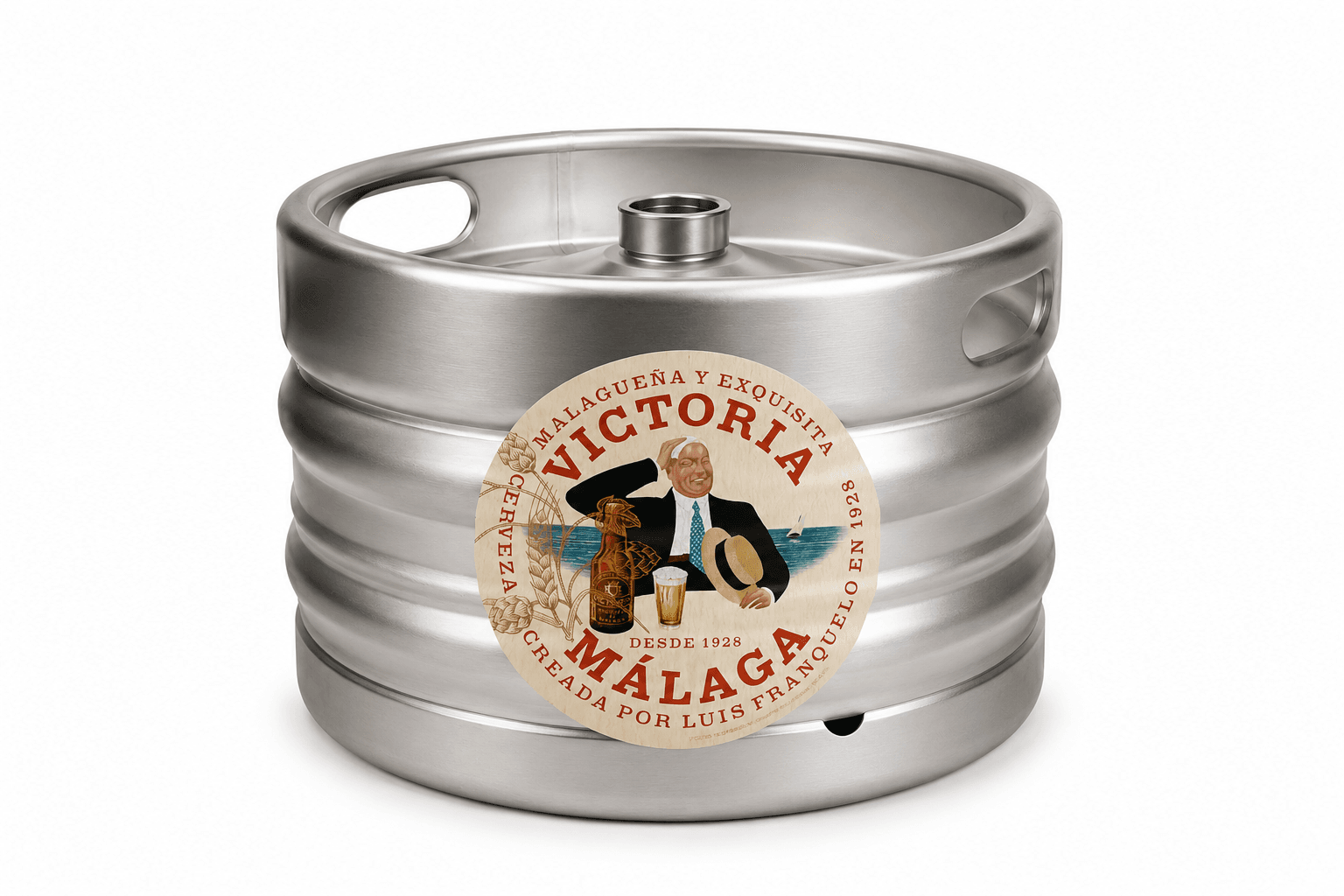 A stainless steel beer keg with a cream-coloured label featuring Victoriola Málaga branding, showing a man in formal attire with a beer glass and bottle against a seascape background.