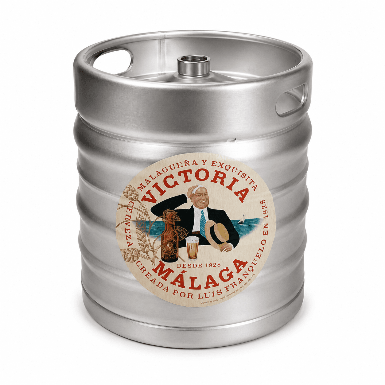 A stainless steel beer keg with a beige circular label featuring a man in a suit holding a beer glass, branded as Victorla Malaga, established 1928.