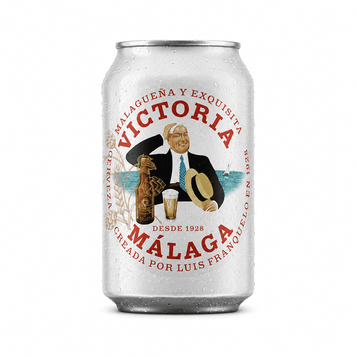 Aluminium can of Victoria Málaga beer on a white background, featuring a man in formal attire with a bottle and glass