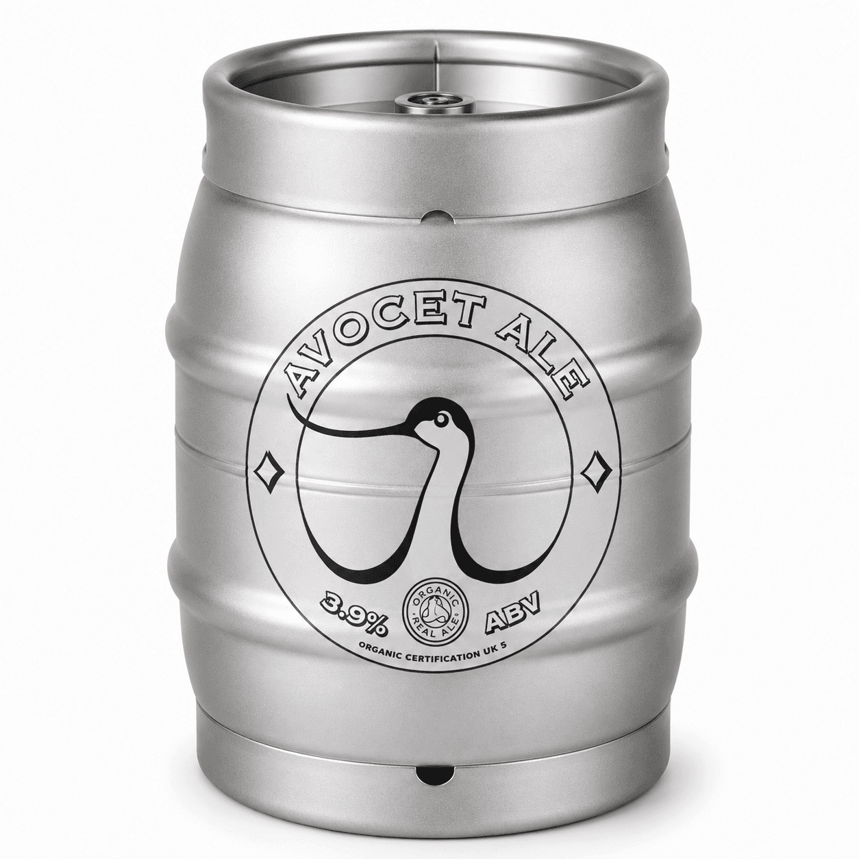 A silver stainless steel beer keg with an Avocet Ale label featuring an avocet bird illustration and organic certification badge, photographed against a white background.