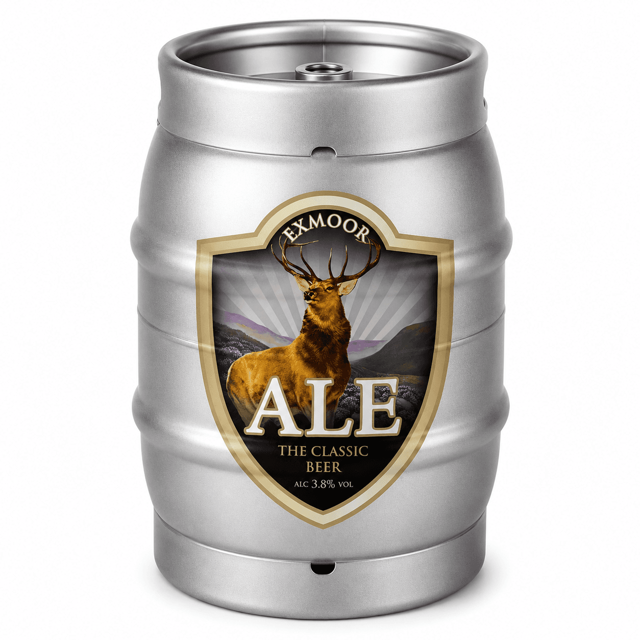 Stainless steel beer keg featuring Exmoor Ale label with golden stag illustration against white background