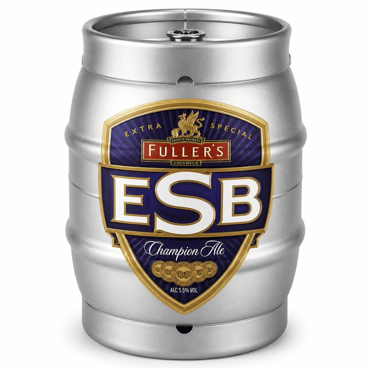 A silver metal keg of Fuller's ESB Champion Ale with a navy and gold label featuring the Fuller's brewery griffin logo and product branding, displayed on a white background.