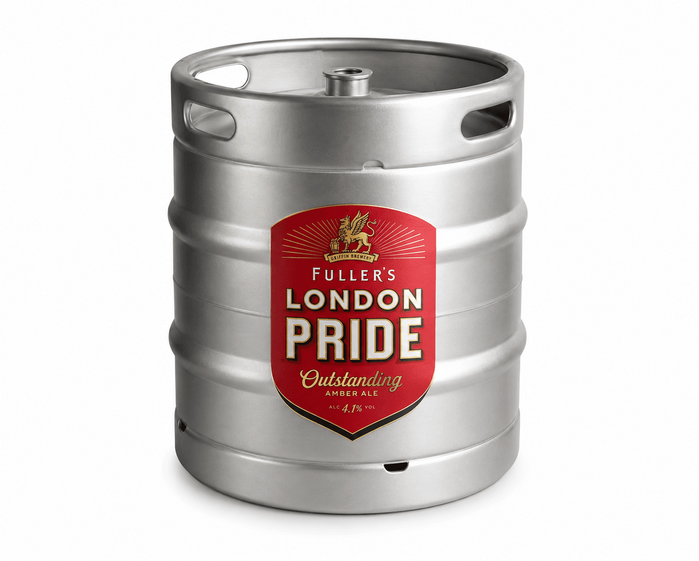Silver metal keg with red Fuller's London Pride label featuring gold lettering and brewery crest, showing 4.1% ABV amber ale product.