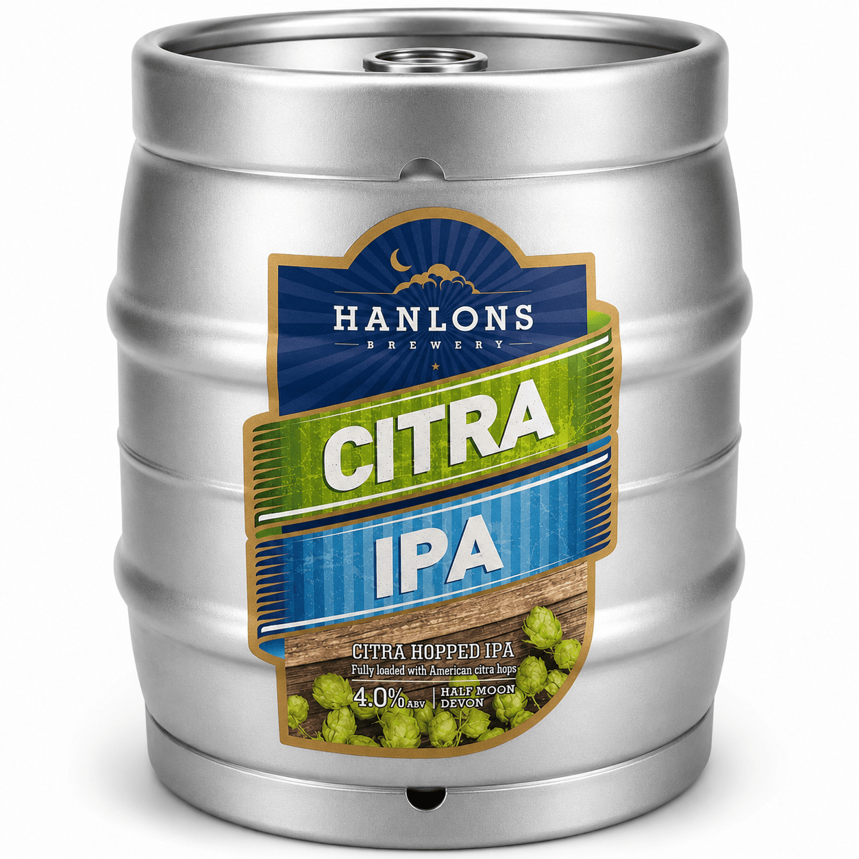 Silver metal beer keg with Hanlons Brewery Citra IPA label featuring blue and green branding, hop imagery, and product details