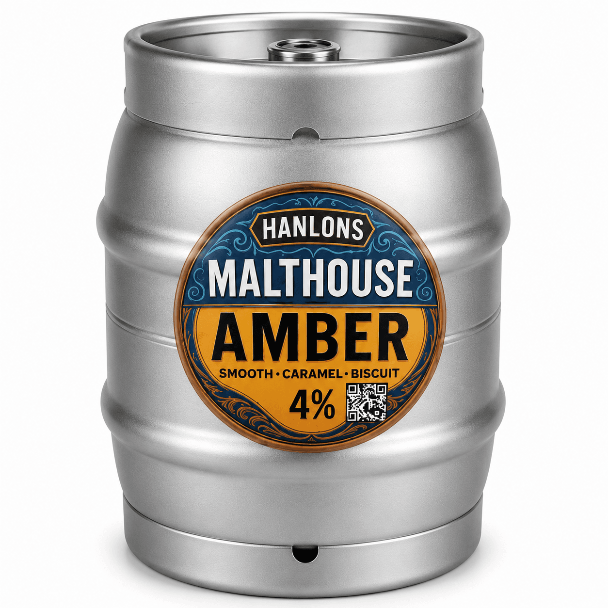 Silver metal beer keg with Hanlons Malthouse Amber label featuring blue and gold branding, 4% alcohol content
