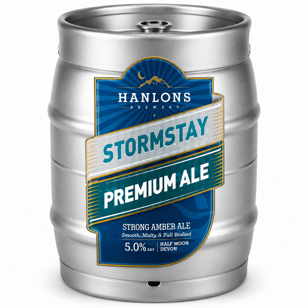 Silver metal beer keg with blue and gold Hanlons Stormstay Premium Ale label featuring brewery branding and product details.