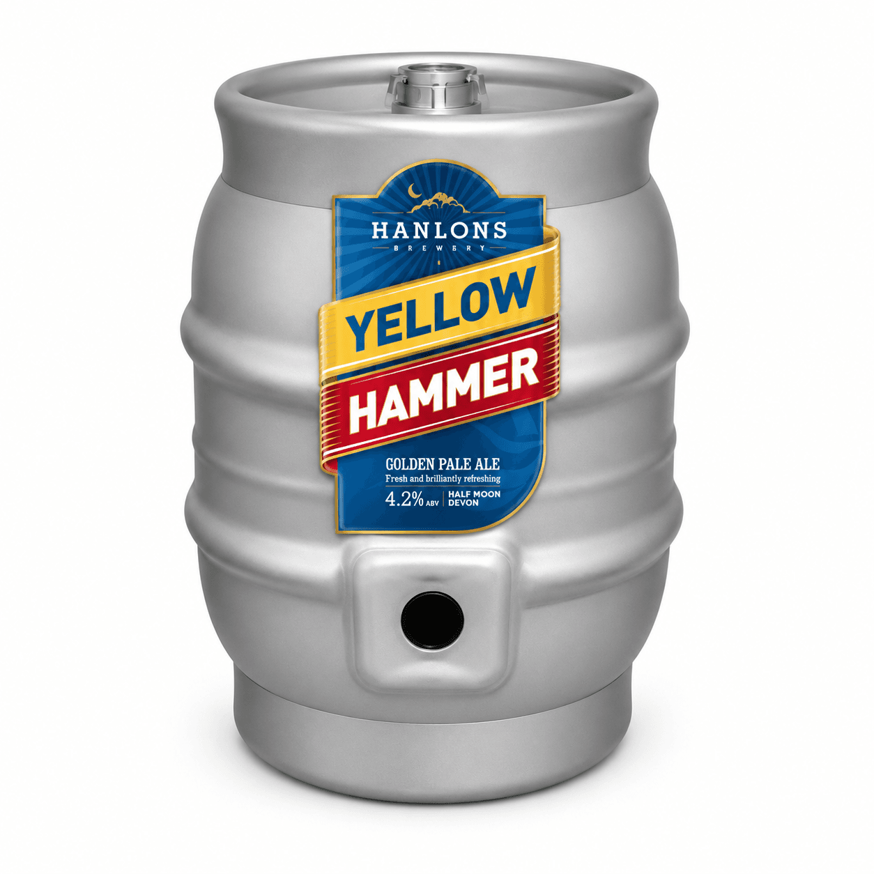 A metallic silver beer keg with a blue, yellow and red Hanlons Yellow Hammer label featuring brewery branding and product information.