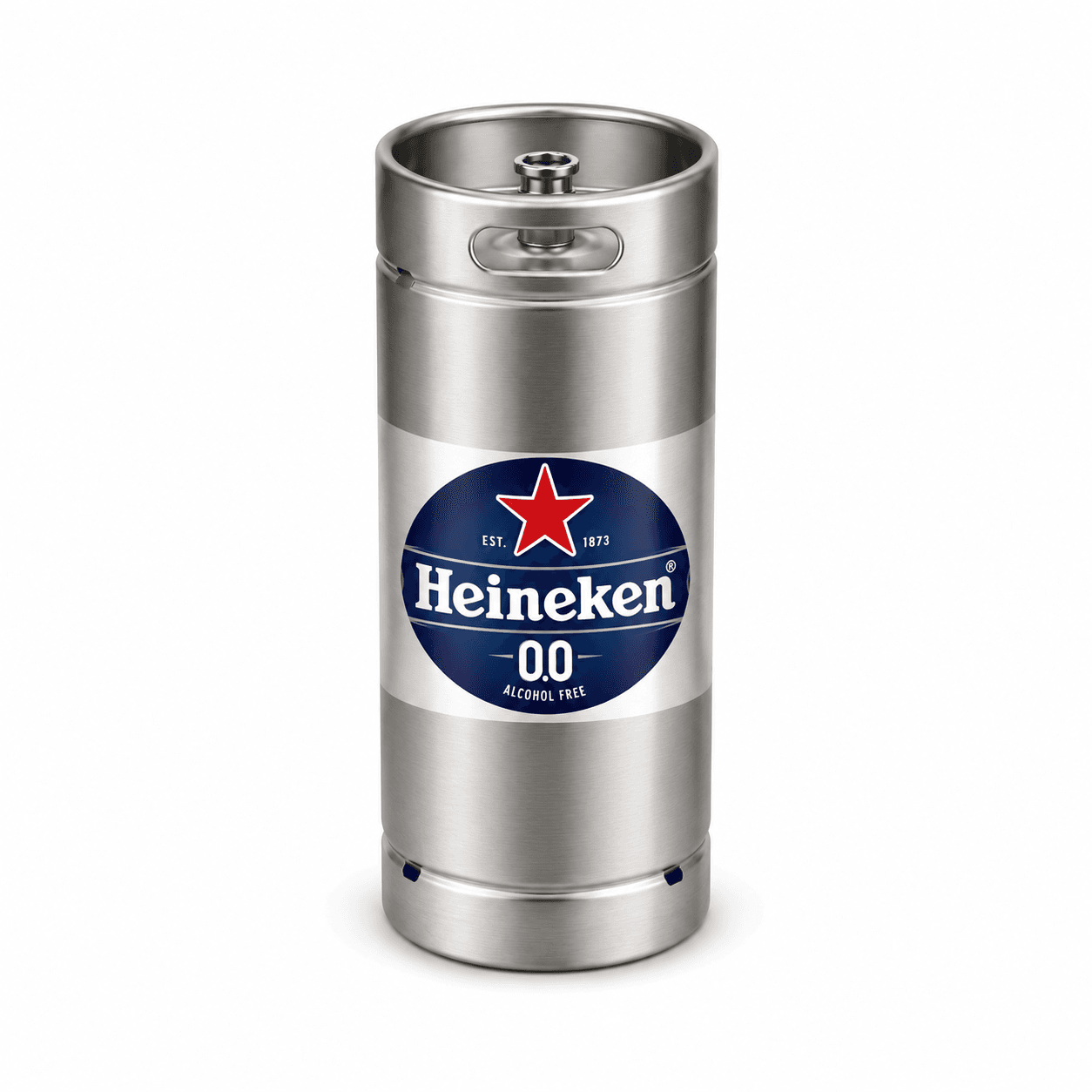 Stainless steel mini keg of Heineken 0.0 alcohol-free beer with silver finish and branded blue and red label on white background.
