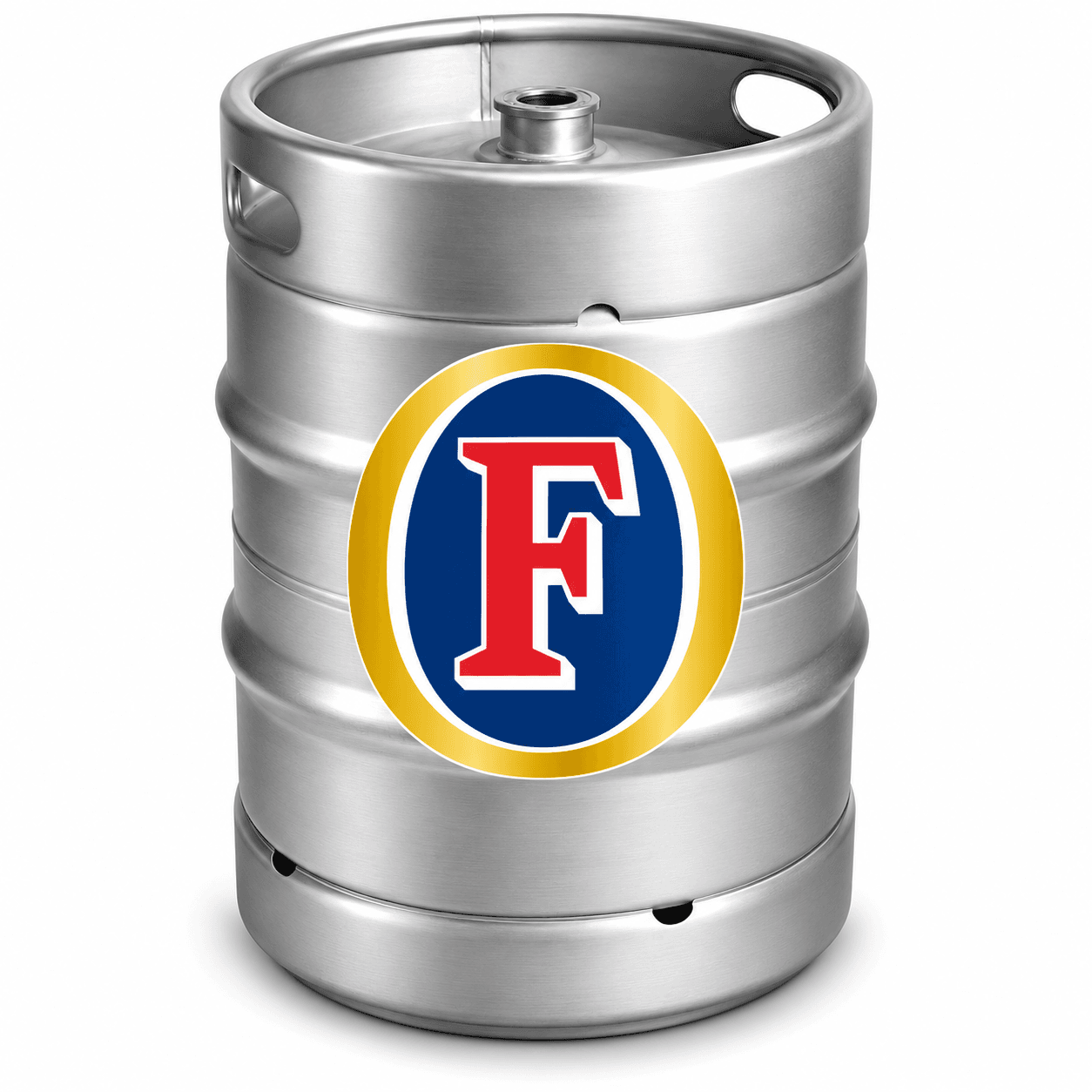 Silver metal beer keg with Fosters logo featuring red F on navy blue circular badge with gold border