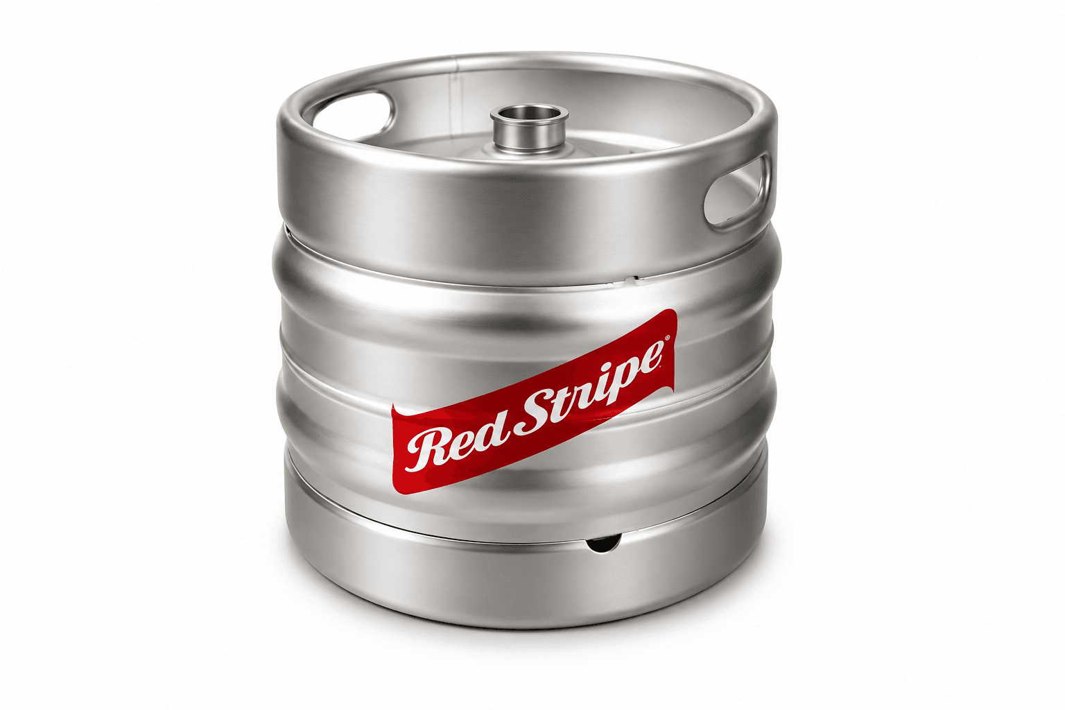 A stainless steel beer keg with a red and white Red Stripe brand label, featuring carrying handles and a tap valve on top, photographed against a plain white background.