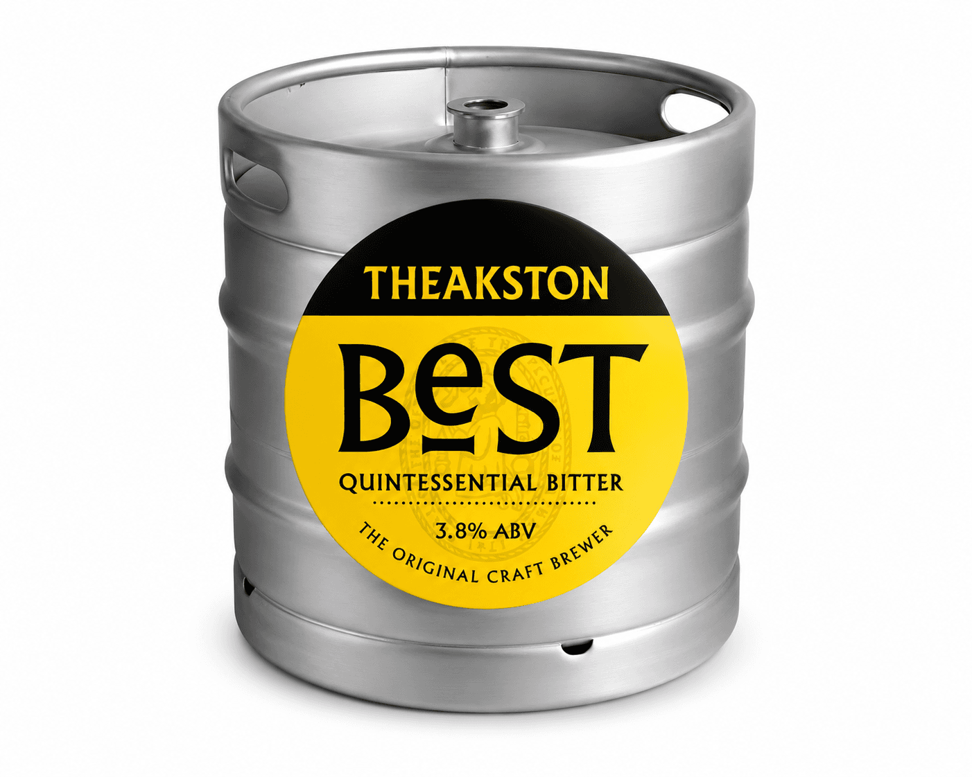 A metallic silver beer keg with a yellow circular label reading 'Theakston Best Quintessential Bitter' and '3.8% ABV' on a white background.