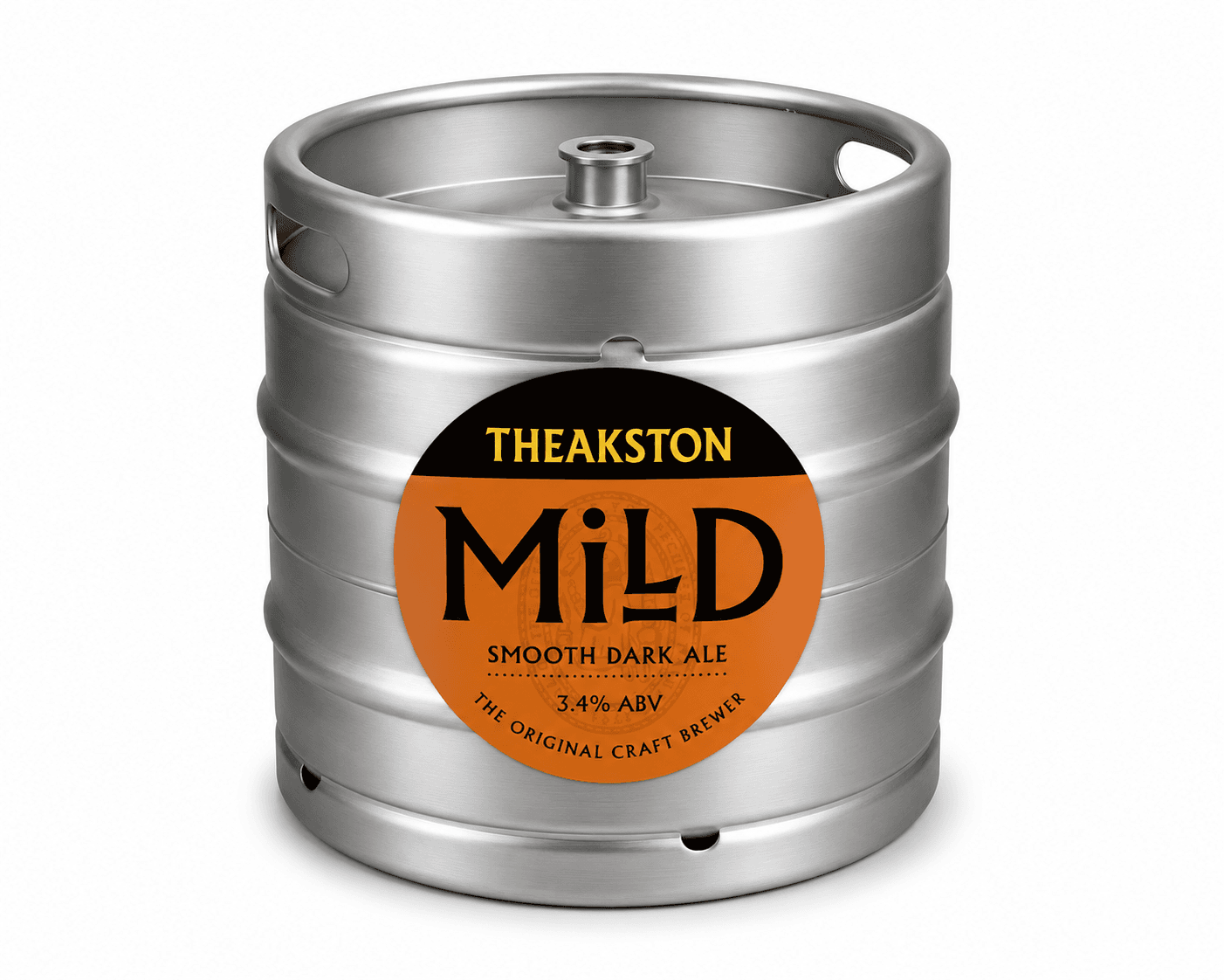 A stainless steel beer keg with an orange circular label reading 'THEAKSTON MILD - SMOOTH DARK ALE' against a plain white background.