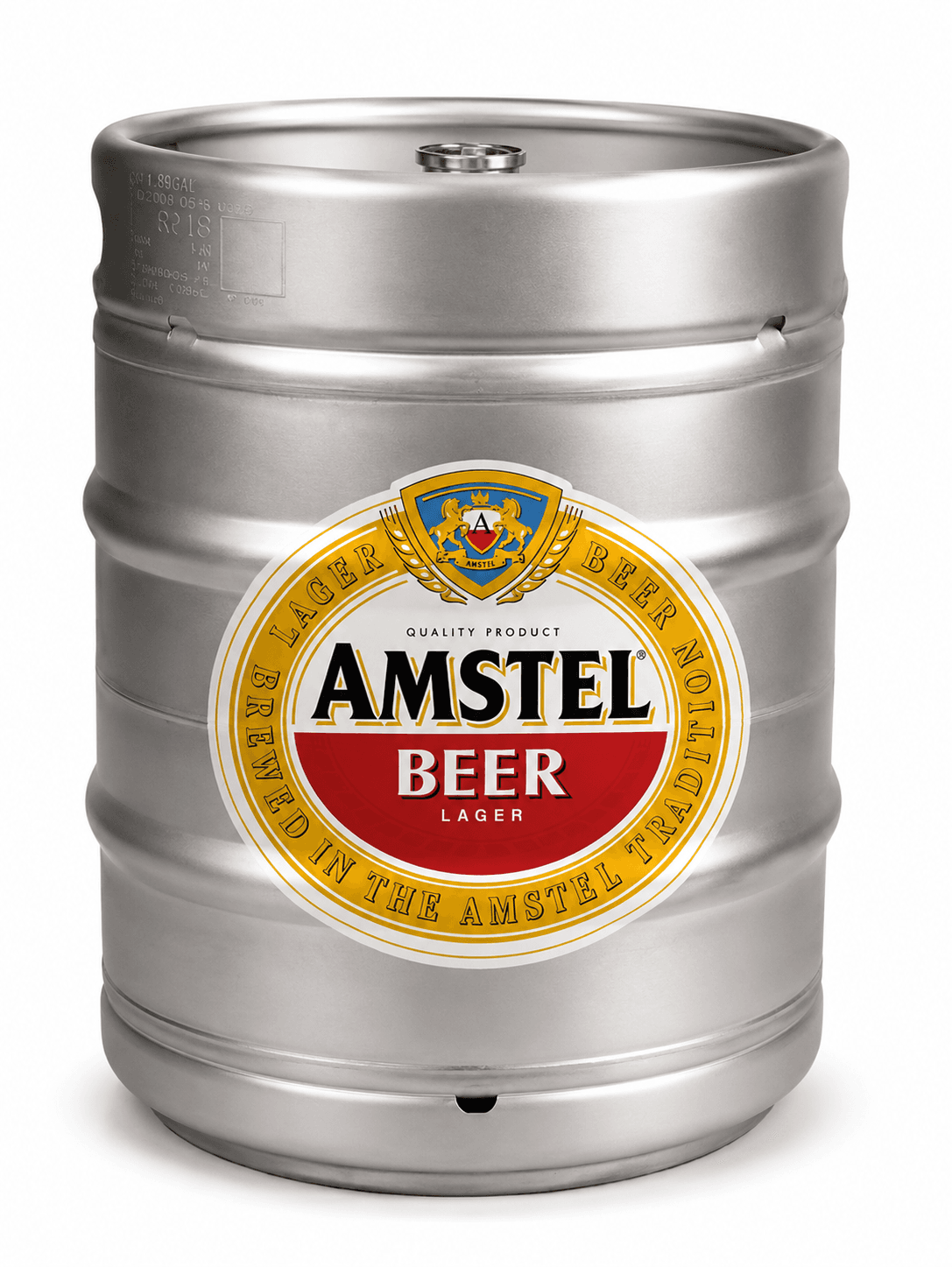 Stainless steel beer keg with Amstel Lager label featuring gold and red branding on white background