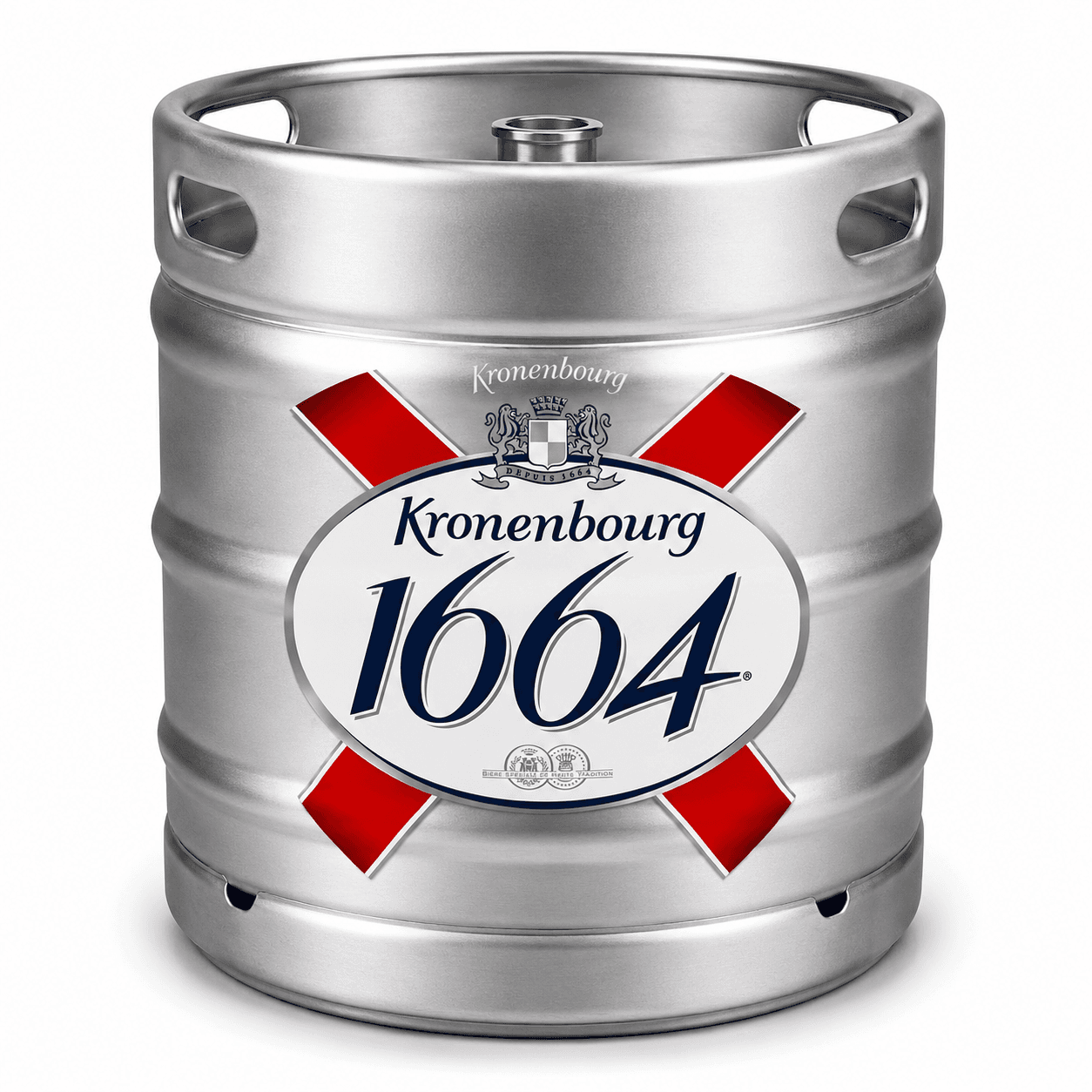 A silver metallic beer keg with Kronenbourg 1664 branding, red diamond emblems, and a heraldic crest on a white background.