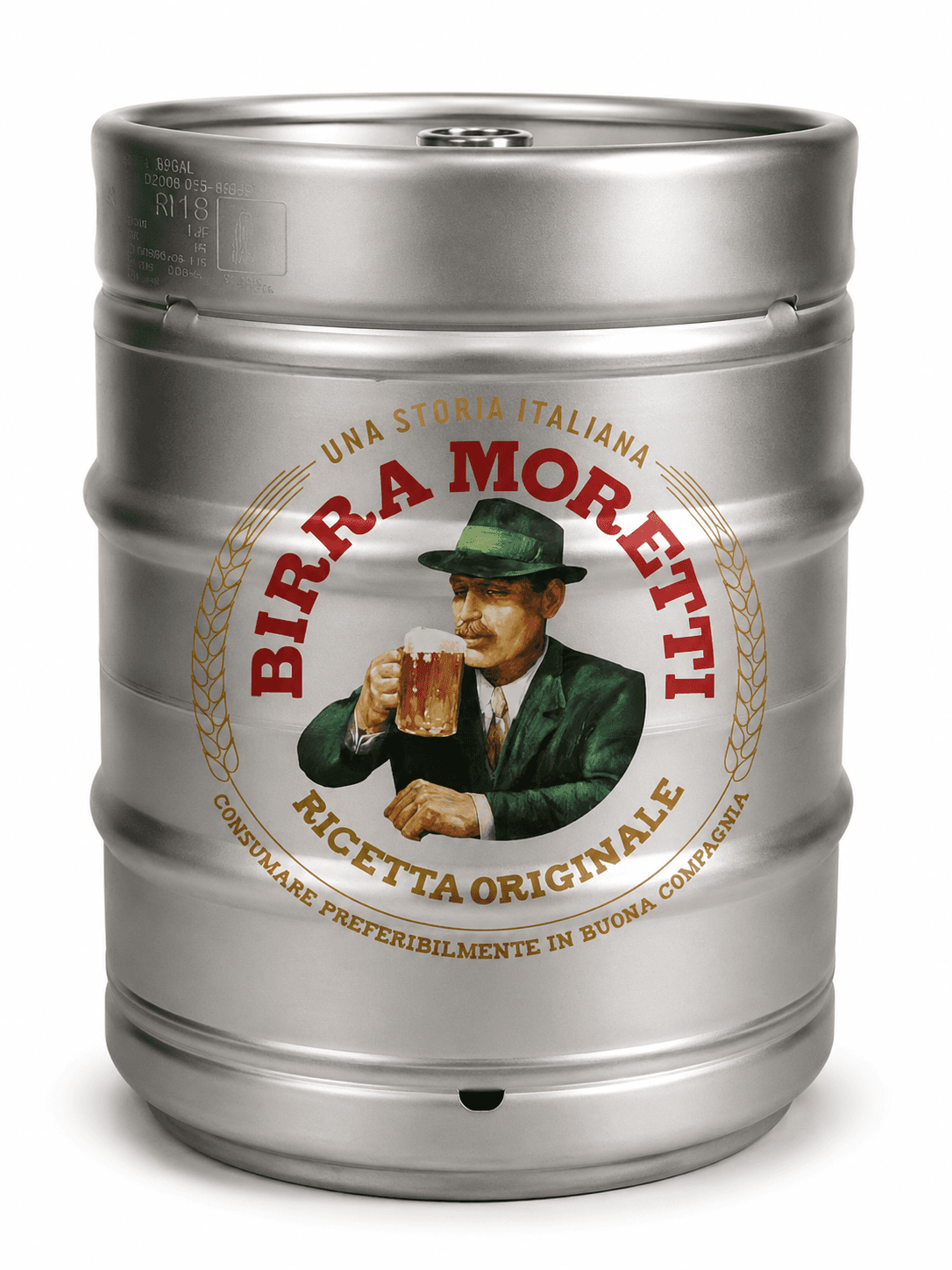 Stainless steel beer keg with Birra Moretti branding featuring a man in a green hat holding a beer mug on the label.