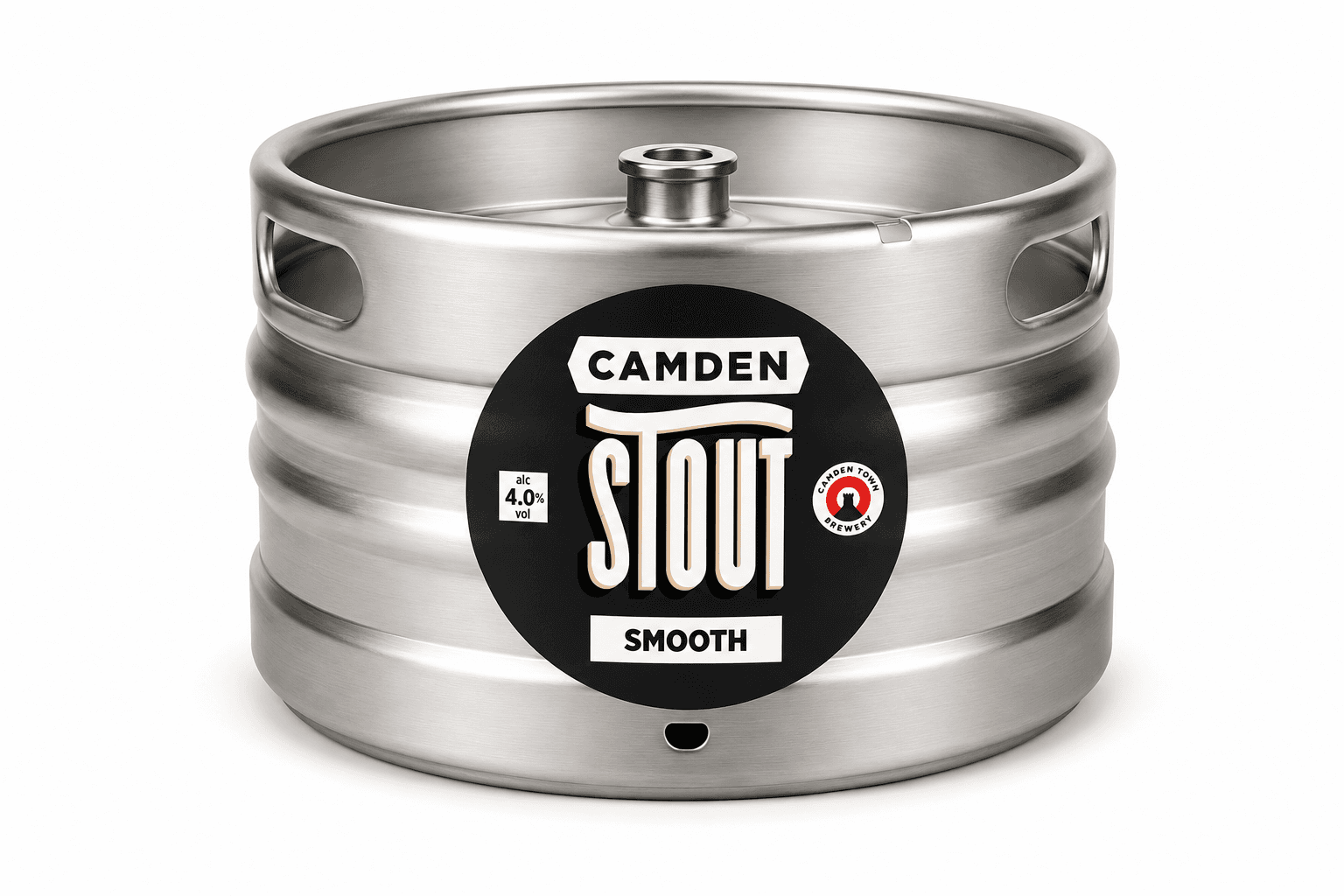 A stainless steel beer keg with a black circular label reading 'Camden Stout Smooth' showing 4.0% alcohol by volume.