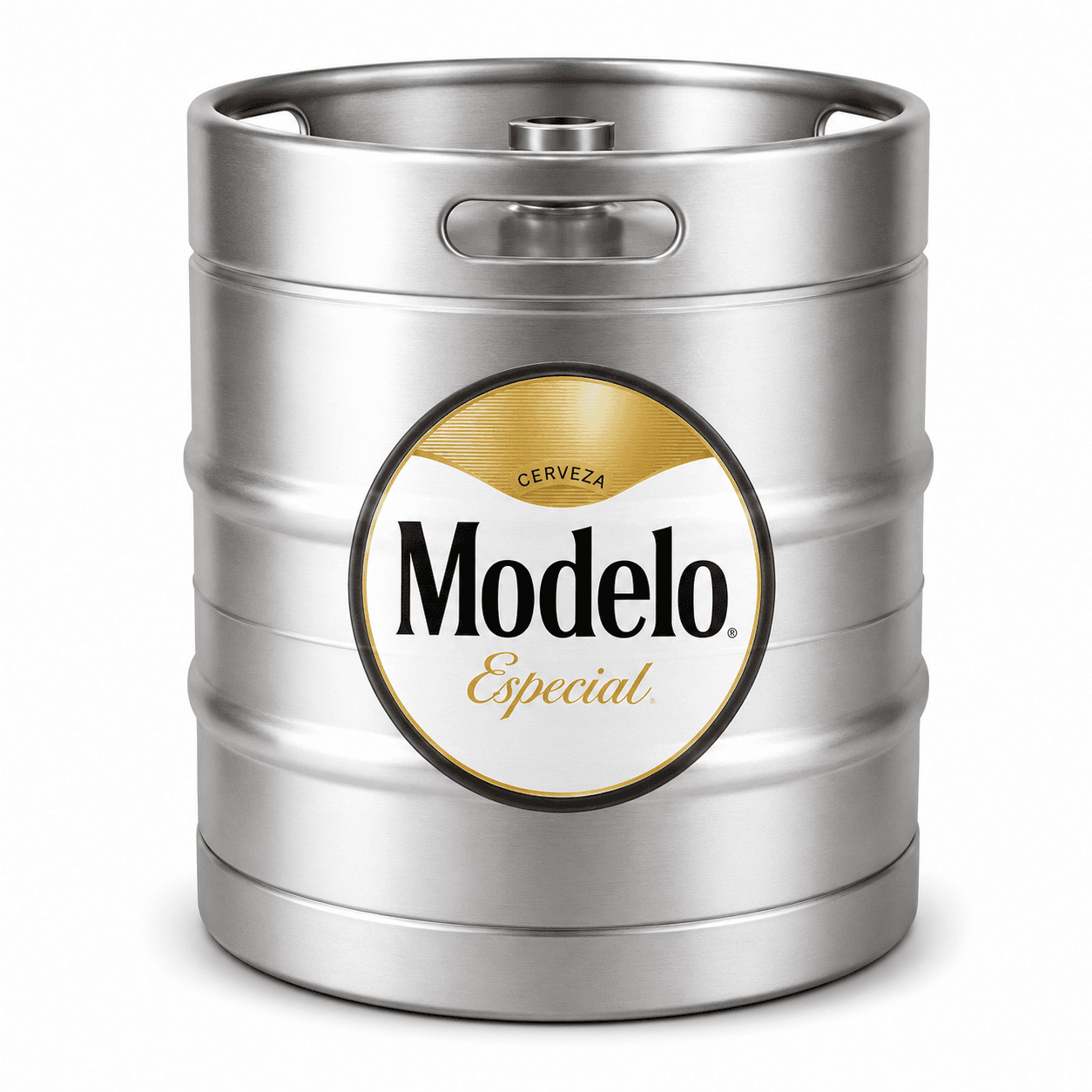A stainless steel beer keg with a Modelo Especial label on a white background