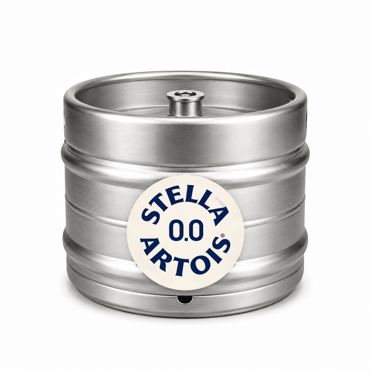 Stainless steel beer keg with cream and navy blue circular Stella Artois 0.0 label on white background