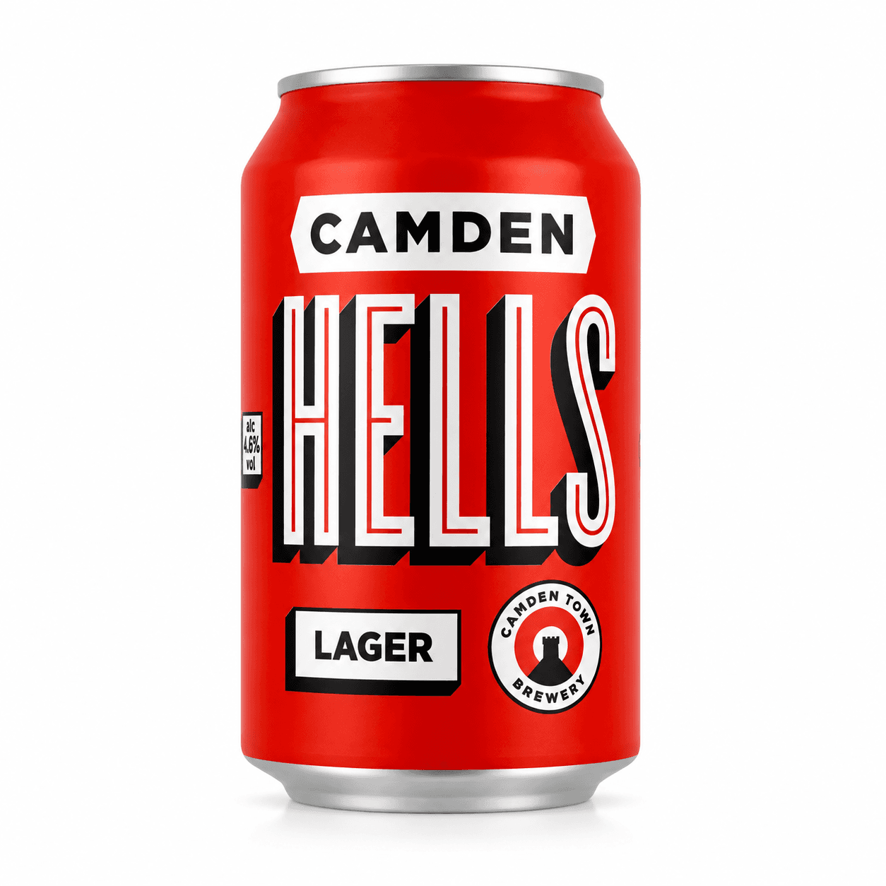 A red aluminium can of Camden Hells Lager beer with white and black label text on a white background.