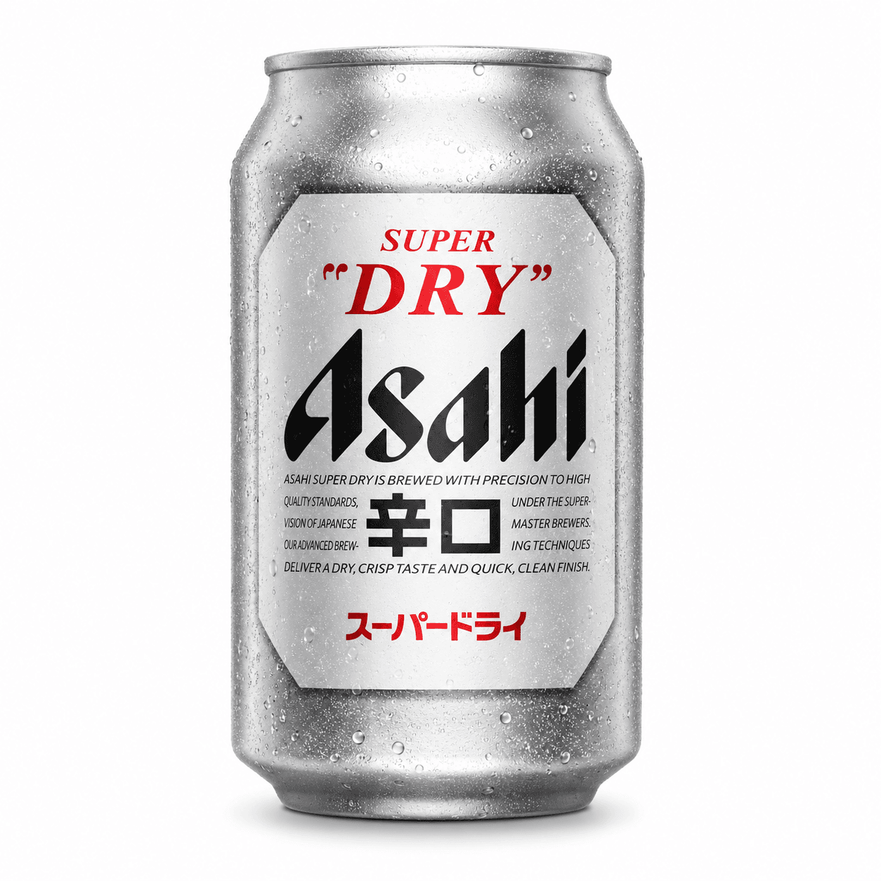 A silver aluminium can of Asahi Super Dry beer with red and black labelling on a white background, featuring condensation droplets on the surface.