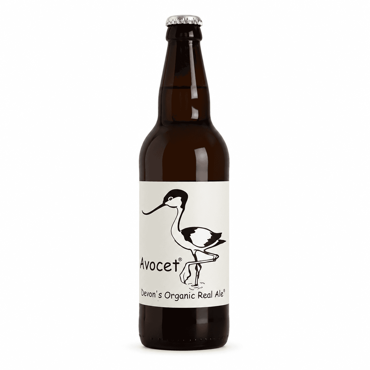 A brown glass bottle of Avocet Devon's Organic Real Ale featuring a stylised avocet bird logo on the cream-coloured label, photographed against a white background.