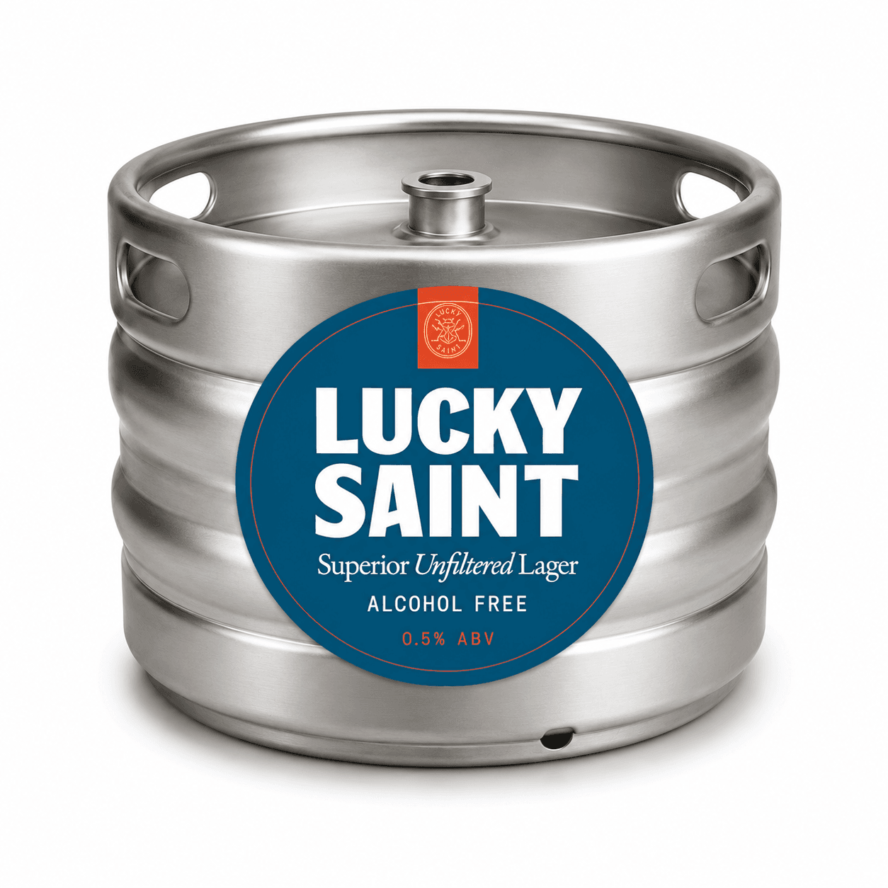 A silver aluminium beer keg with a blue circular label displaying Lucky Saint Superior Unfiltered Lager branding, alcohol-free, 0.5% ABV
